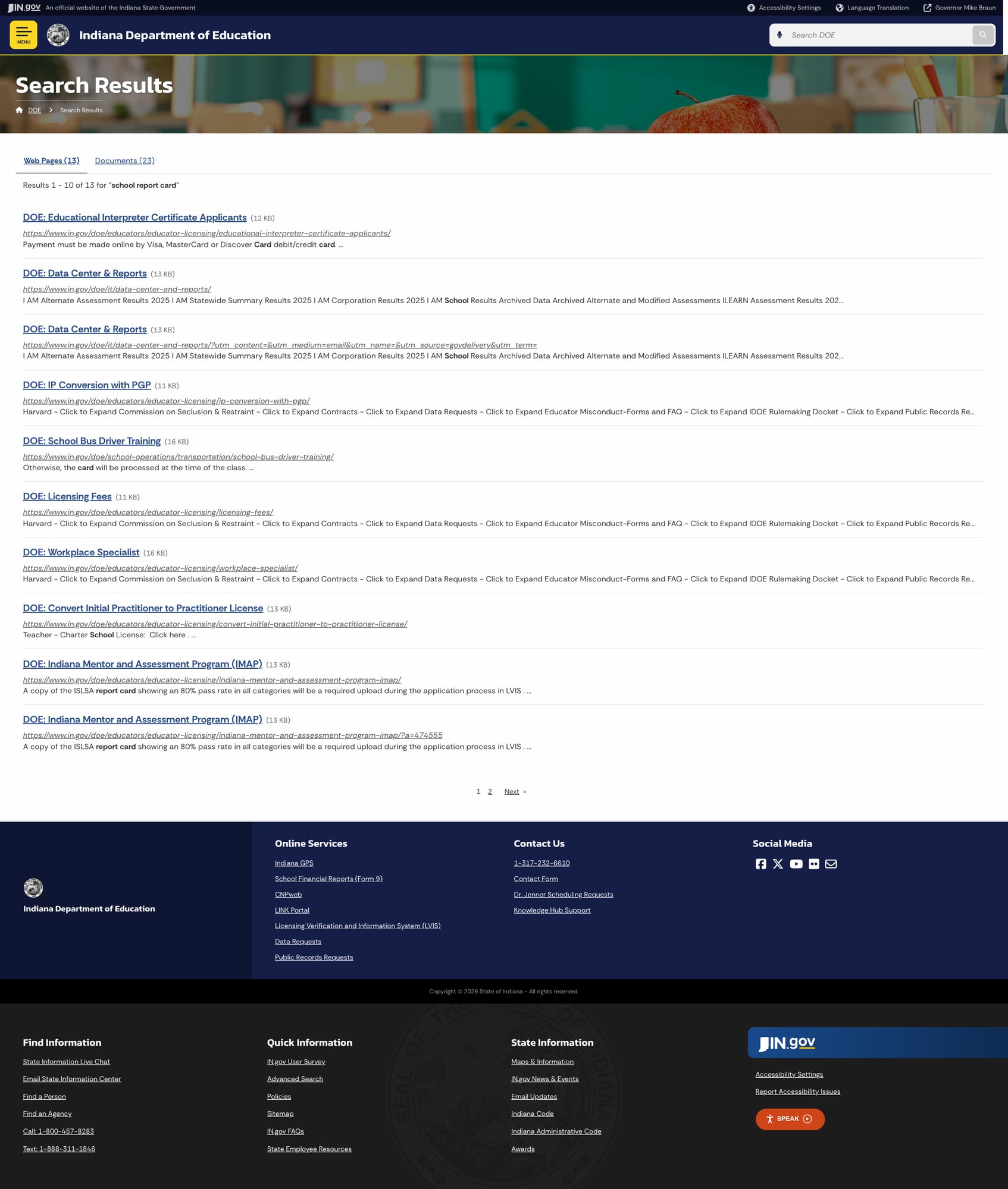 Screenshot: Search results for "school report card" with poor relevance