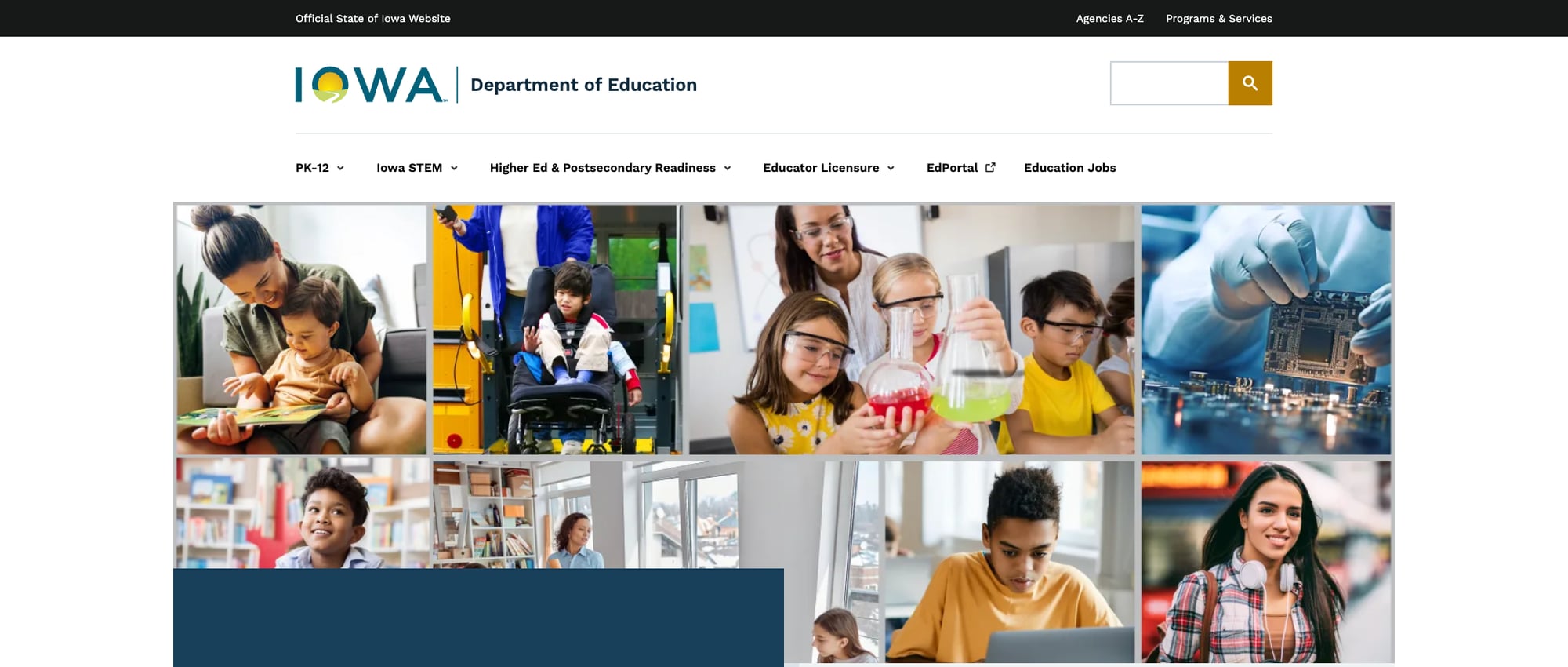 Screenshot: Iowa DOE homepage with photo collage hero and Popular Topics quick links