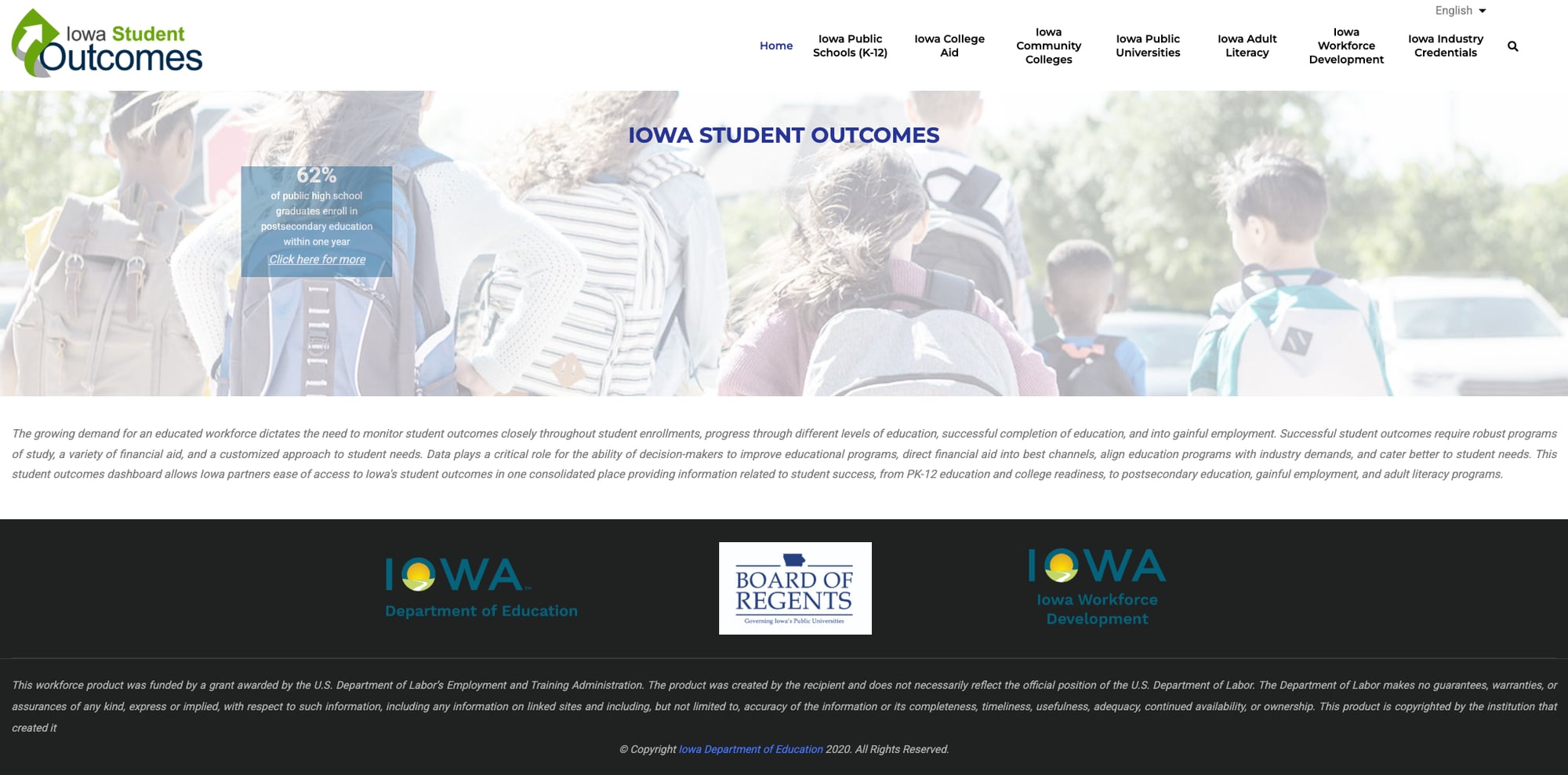 Screenshot: Iowa Student Outcomes multi-agency data dashboard