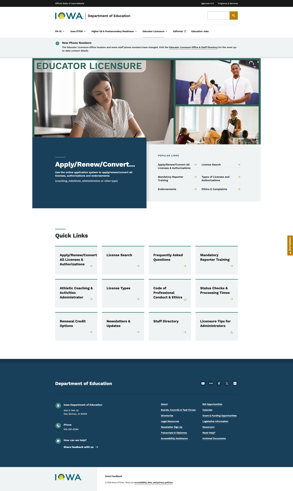 Screenshot: Educator Licensure page with Quick Links grid