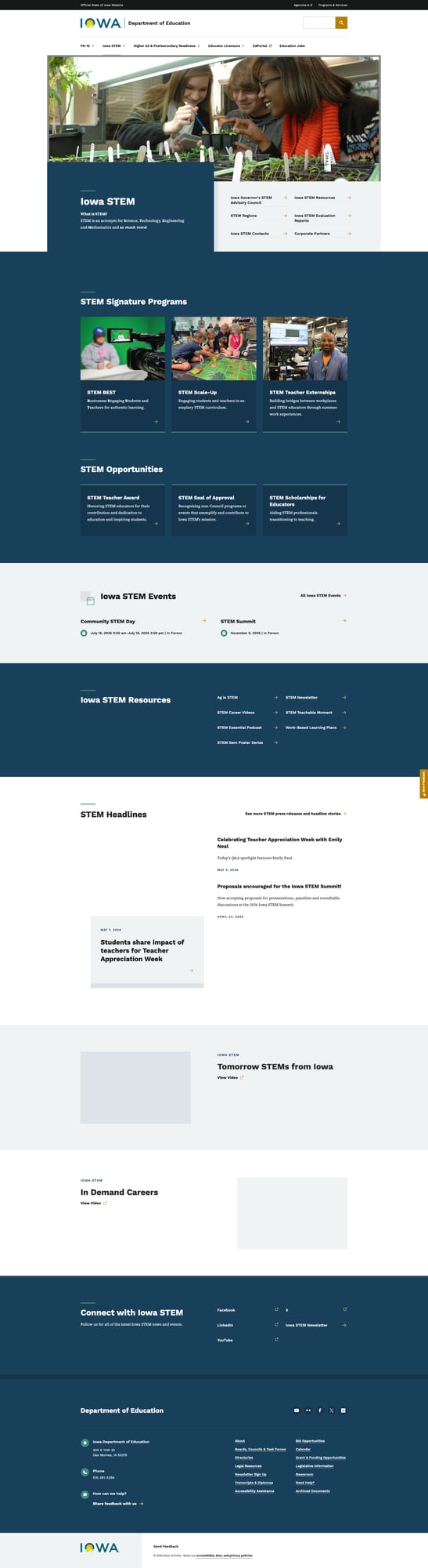 Screenshot: Iowa STEM hub with signature programs and resources