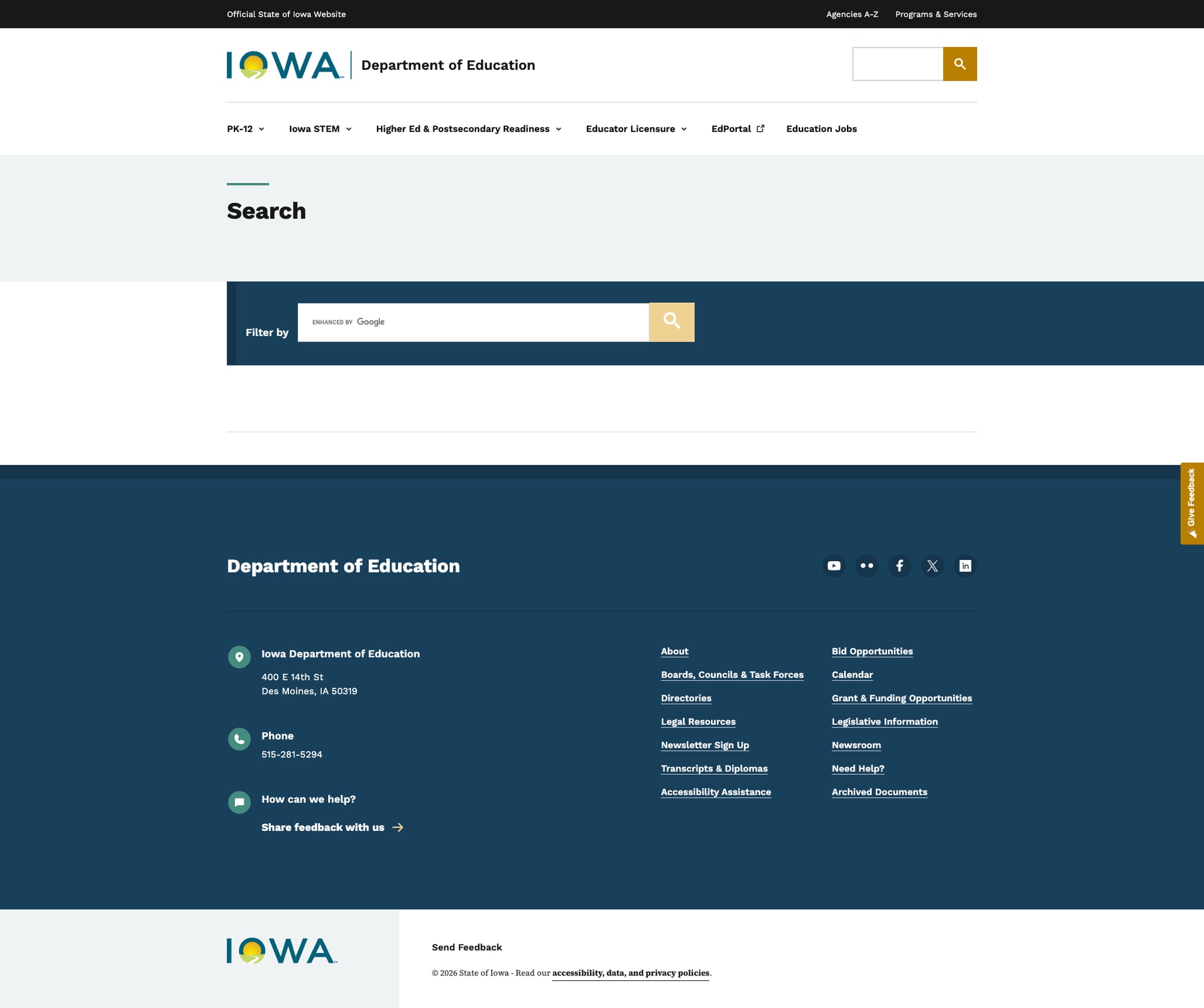 Screenshot: Search page showing empty GCSE widget despite query in URL