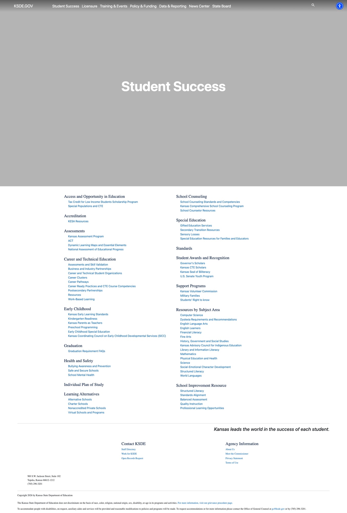 Screenshot: Student Success landing page with organized category layout