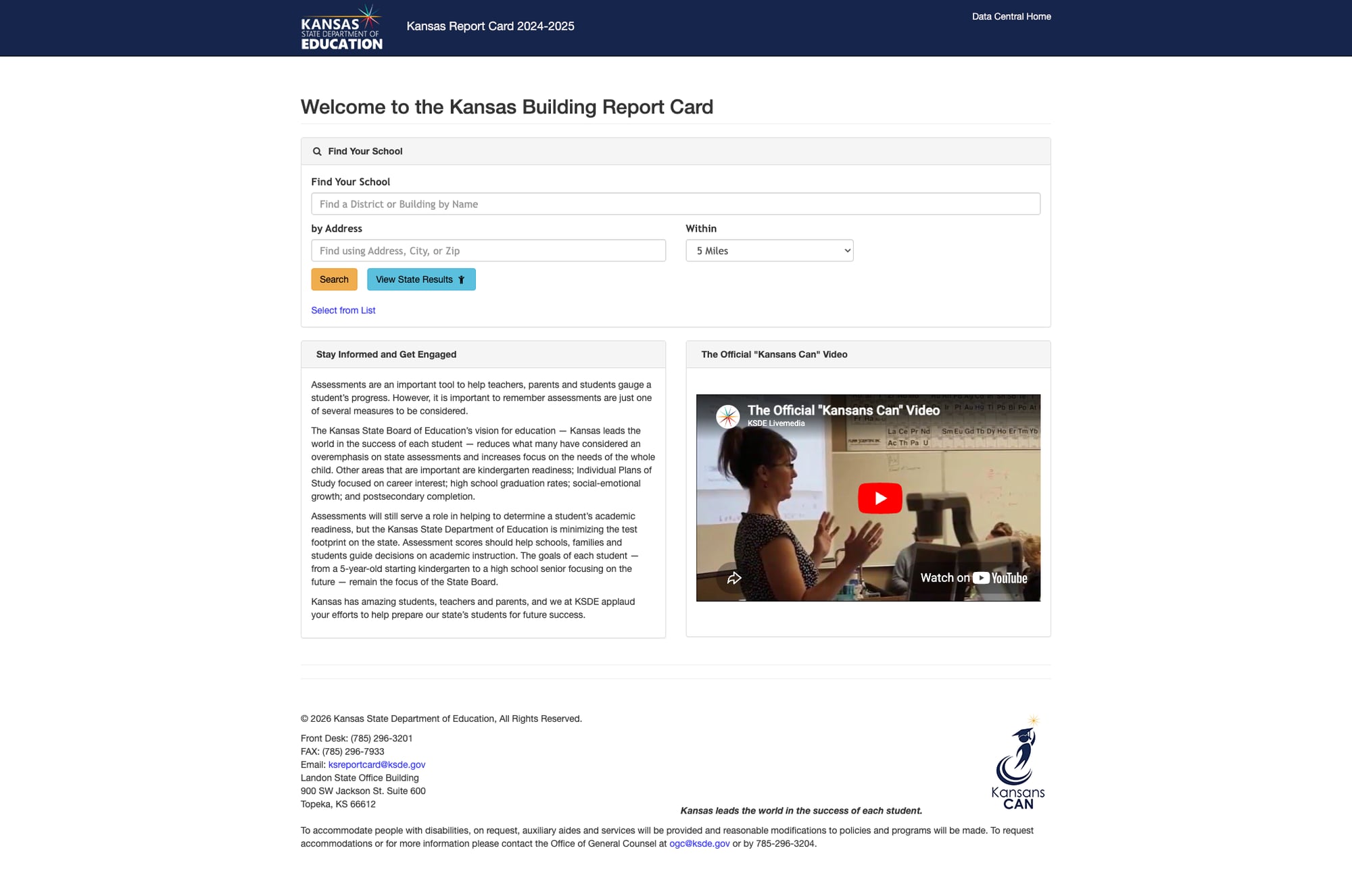 Screenshot: Kansas Building Report Card with school search and state results