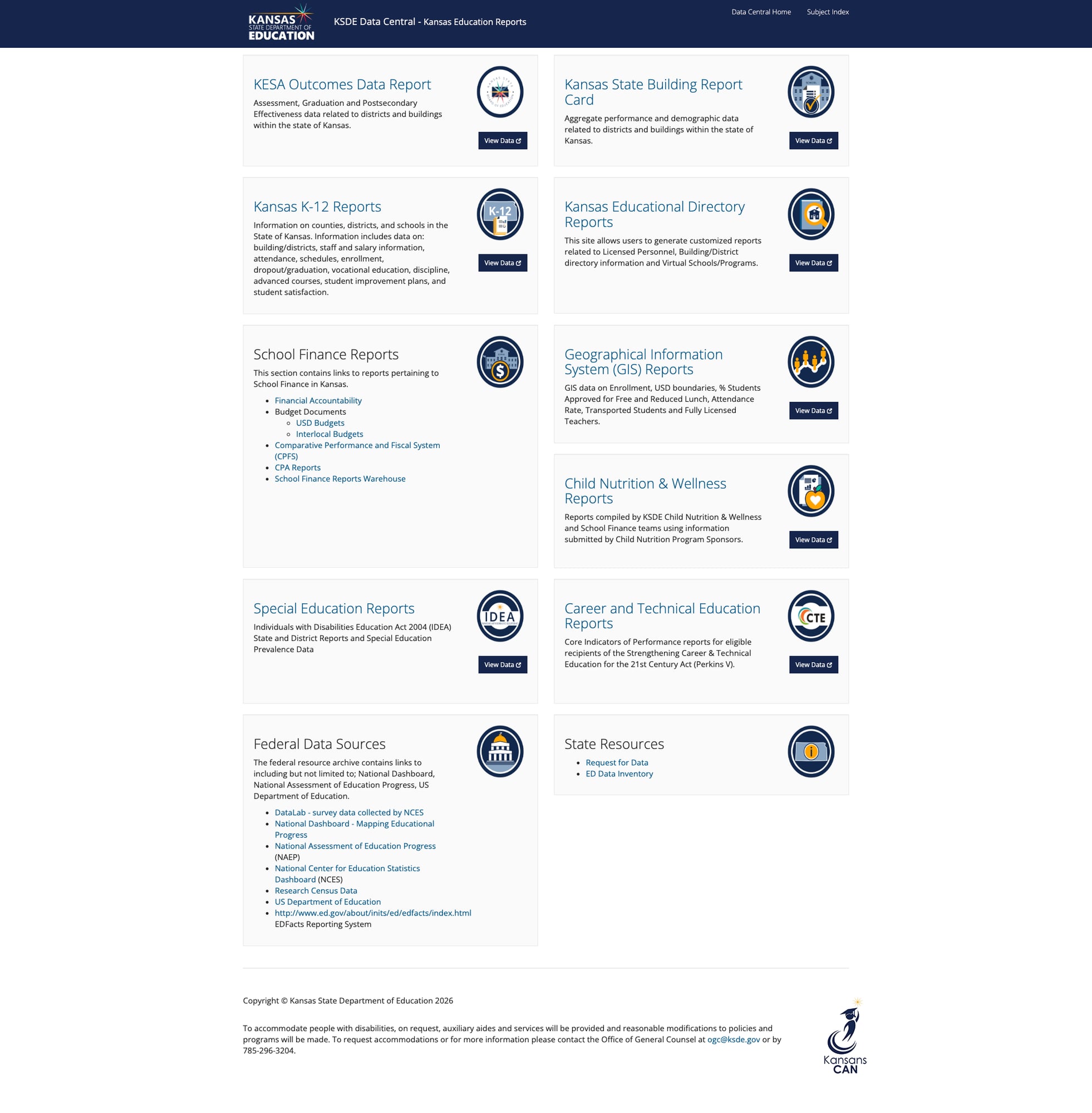 Screenshot: Data Central portal with ten report categories