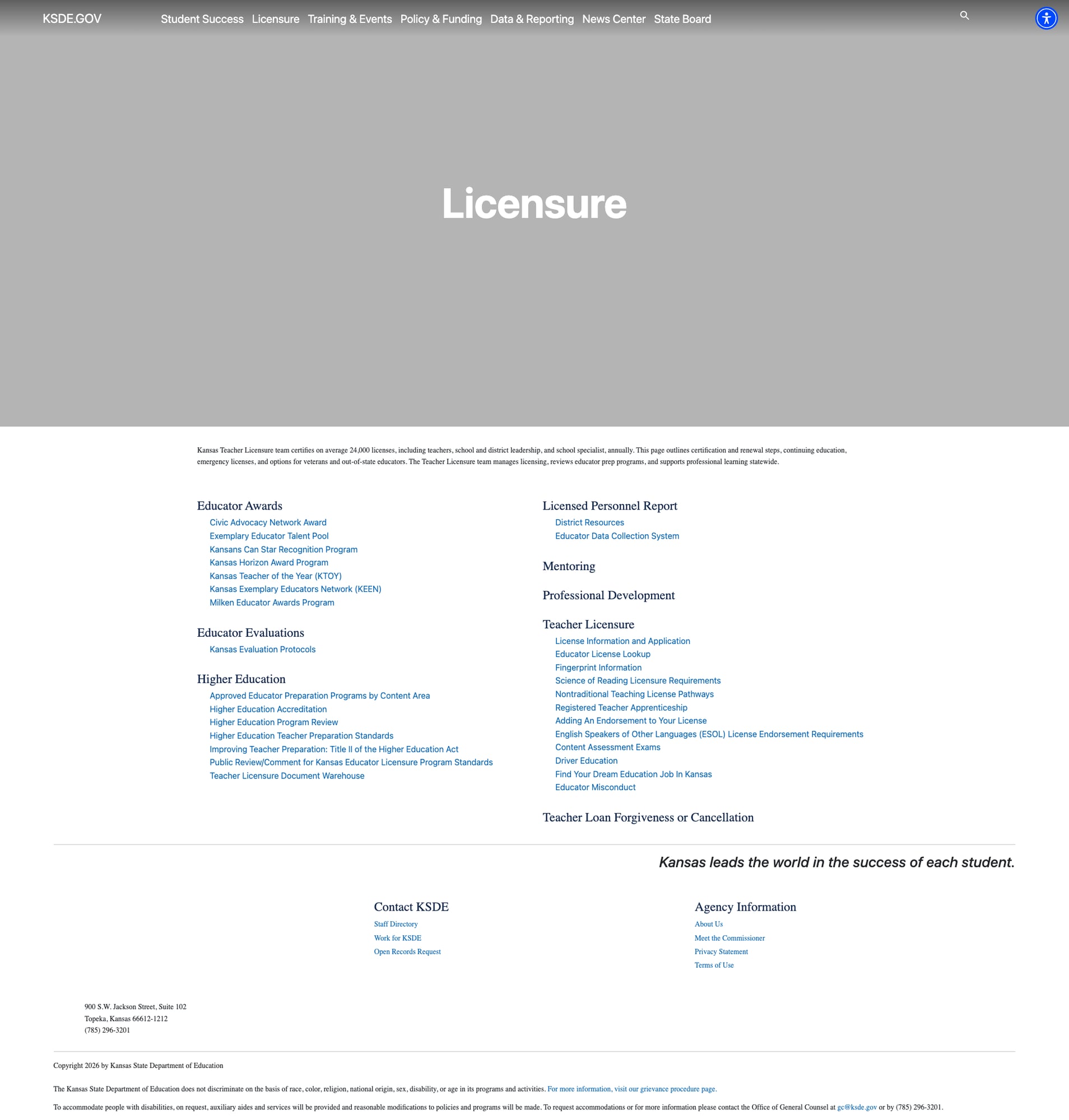 Screenshot: Licensure page with comprehensive educator resource categories