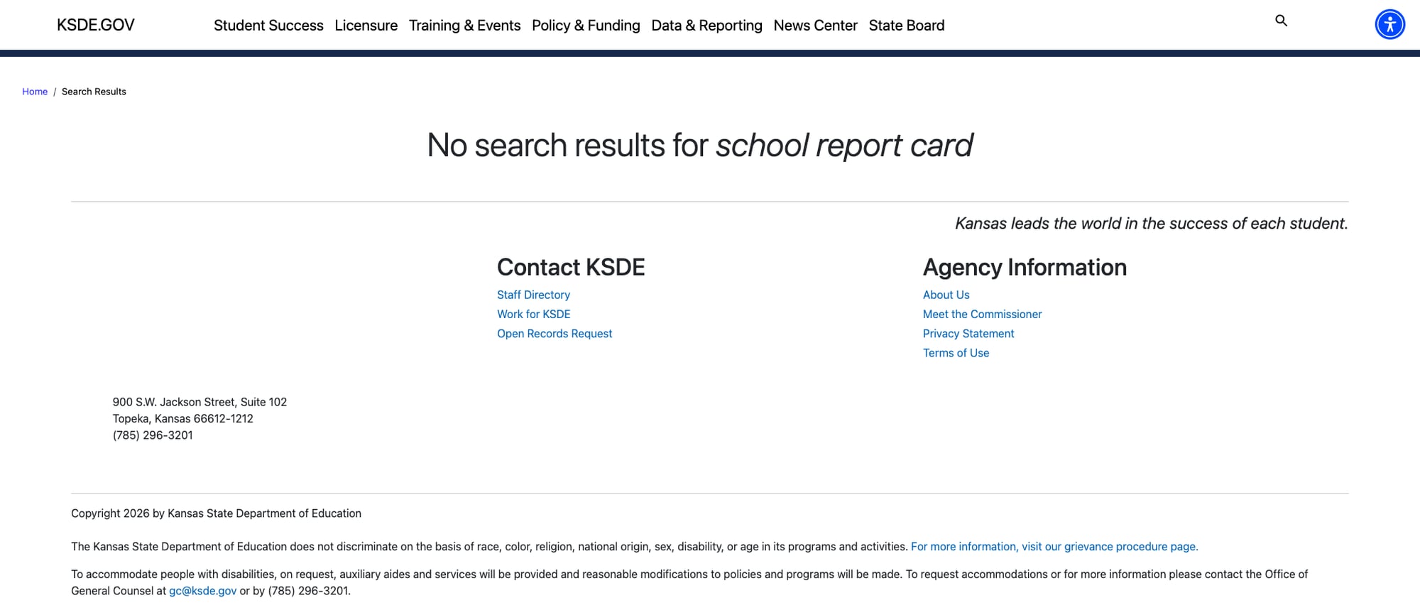 Screenshot: Search returns zero results for "school report card"