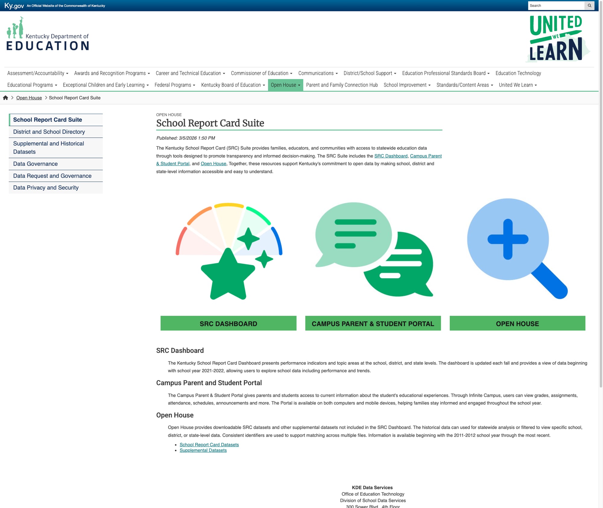 Screenshot: School Report Card Suite page showing three pathways — SRC Dashboard, Campus Parent & Student Portal, and Open House