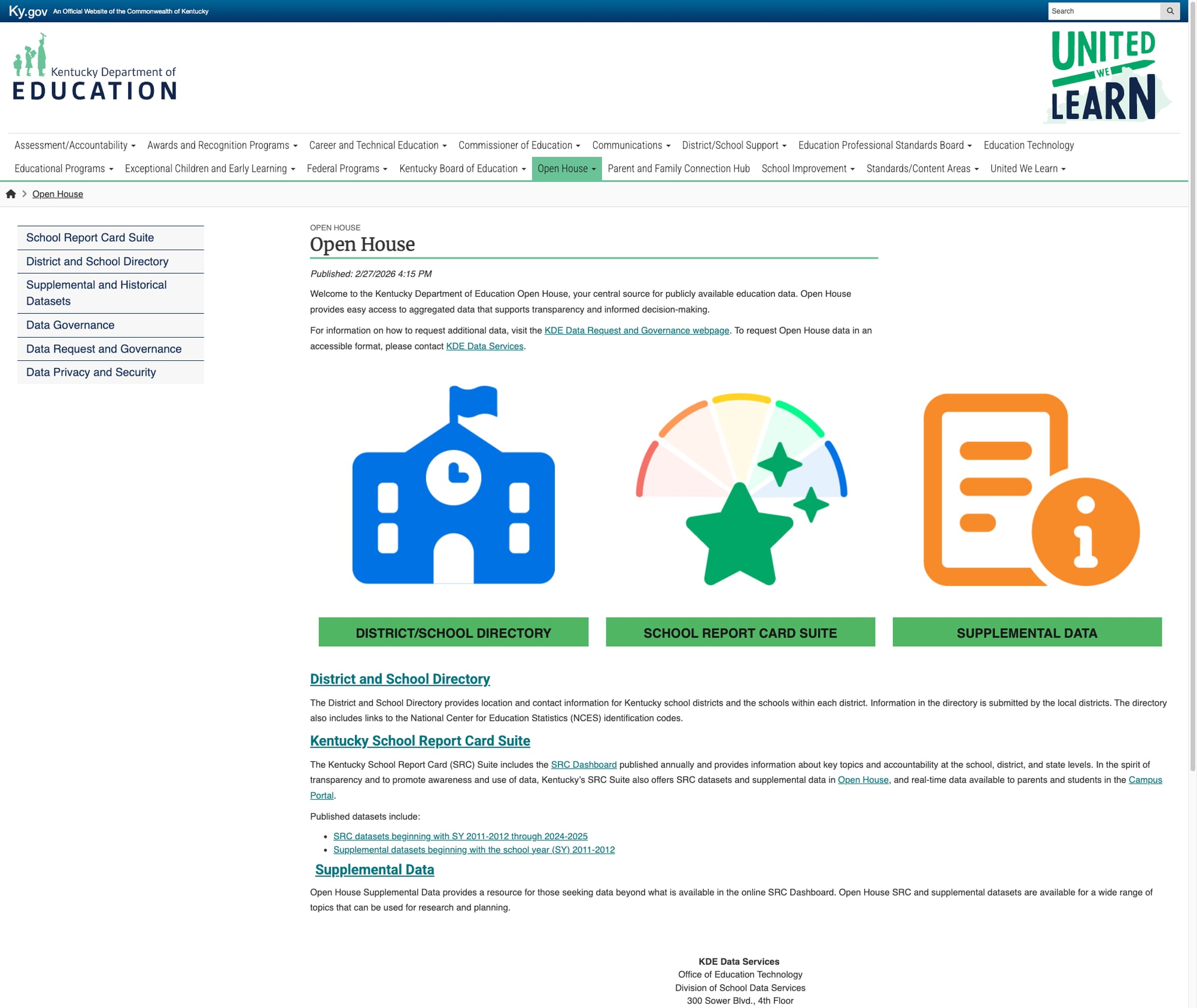 Screenshot: Open House data portal with District/School Directory, School Report Card Suite, and Supplemental Data sections