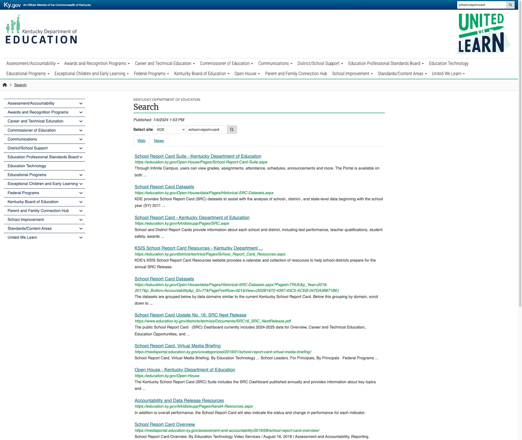 Screenshot: Search results page showing relevant results for "school report card" with Web/News tab toggles