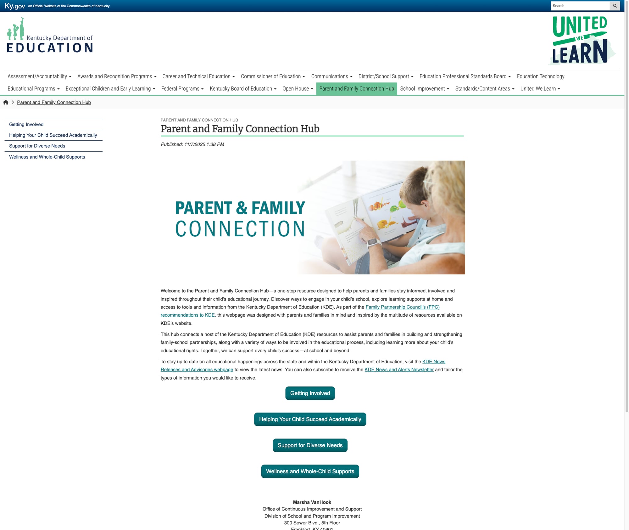 Screenshot: Parent and Family Connection Hub with four organized sections and clear call-to-action buttons