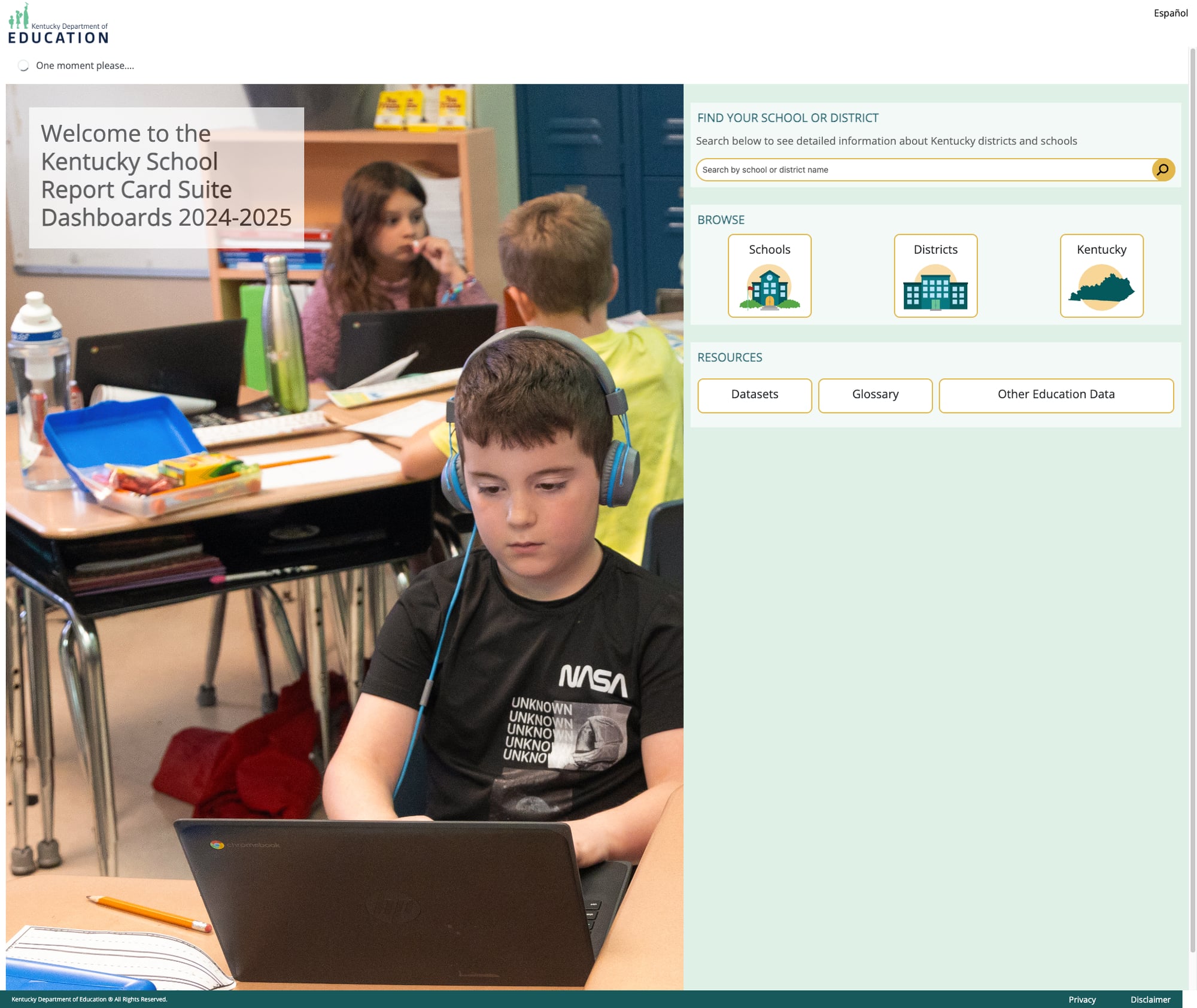Screenshot: Kentucky School Report Card Suite Dashboards 2024-2025 with school search, browse, and resource sections