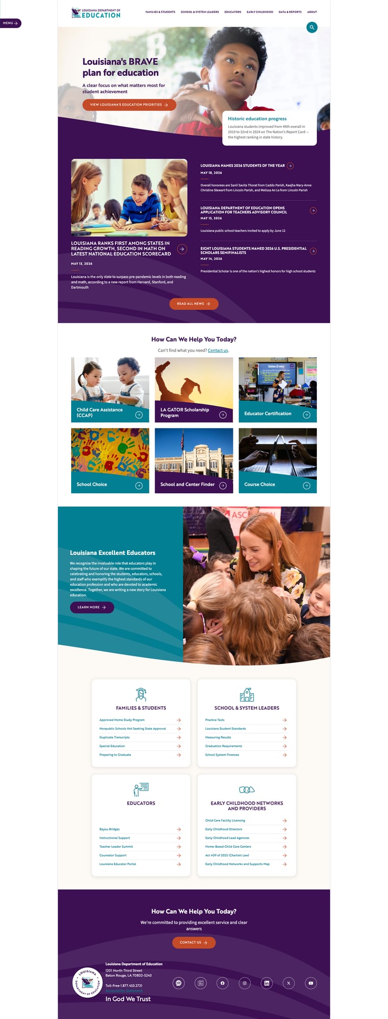 Screenshot: Louisiana DOE homepage showing BRAVE plan hero and news section