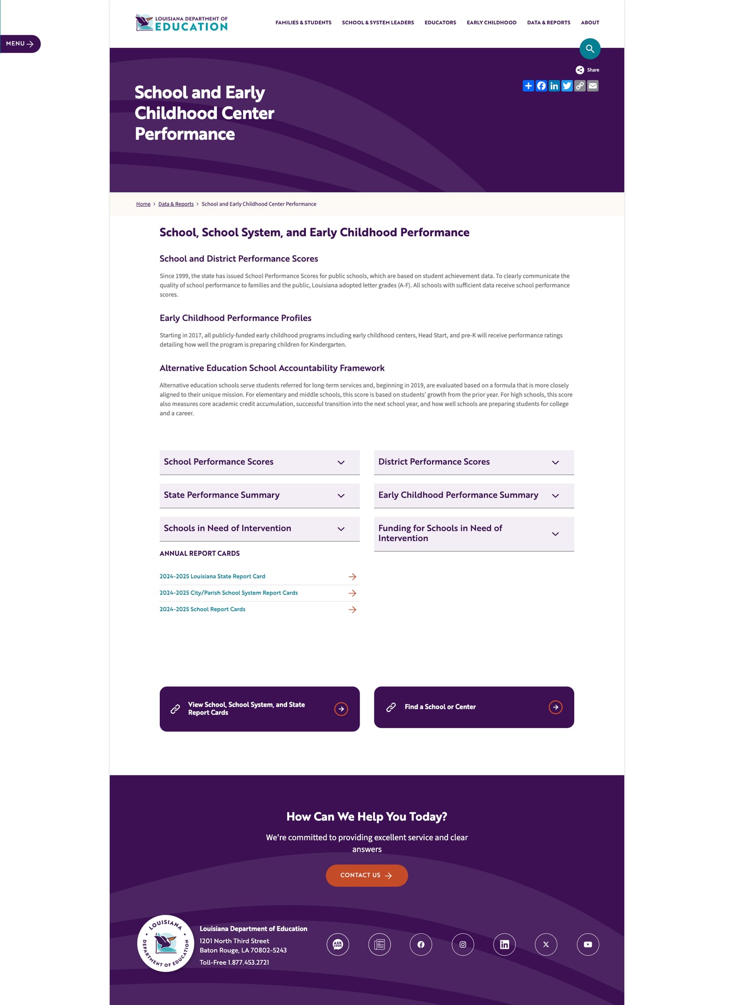 Screenshot: Performance Scores page with report card links and expandable data sections