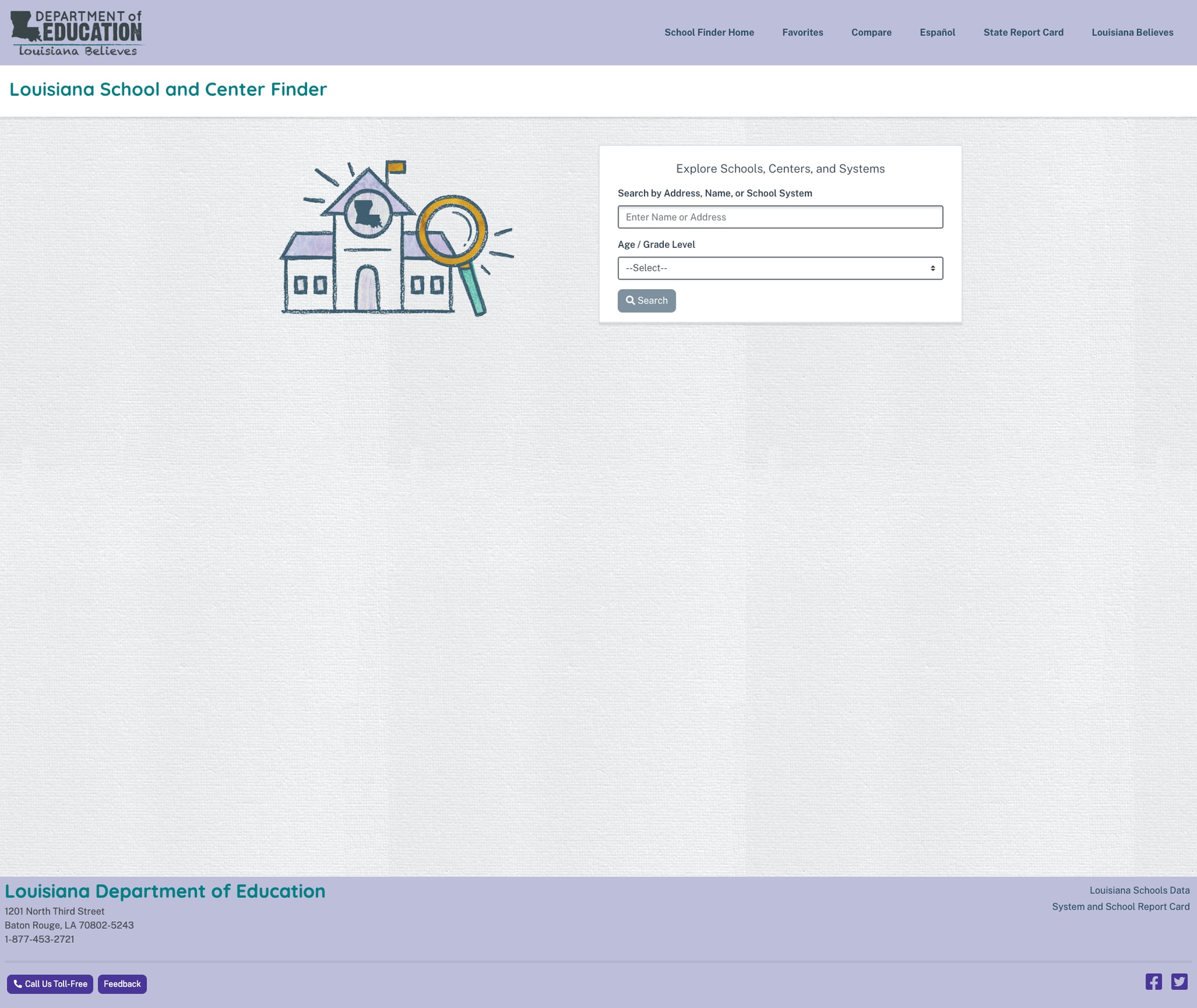 Screenshot: Louisiana School and Center Finder with search interface and Spanish support