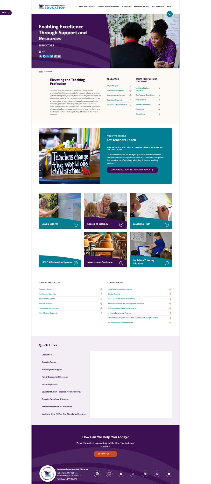 Screenshot: Educators section with initiative cards, Let Teachers Teach, and Quick Links