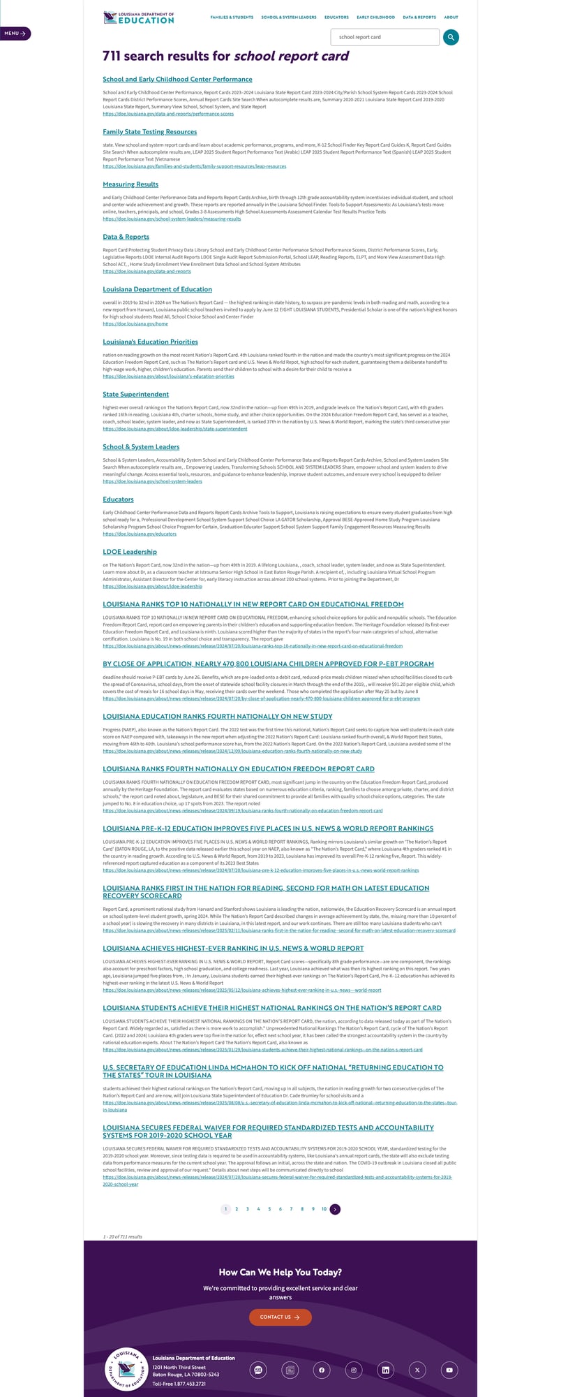 Screenshot: Search results showing 711 results for "school report card"