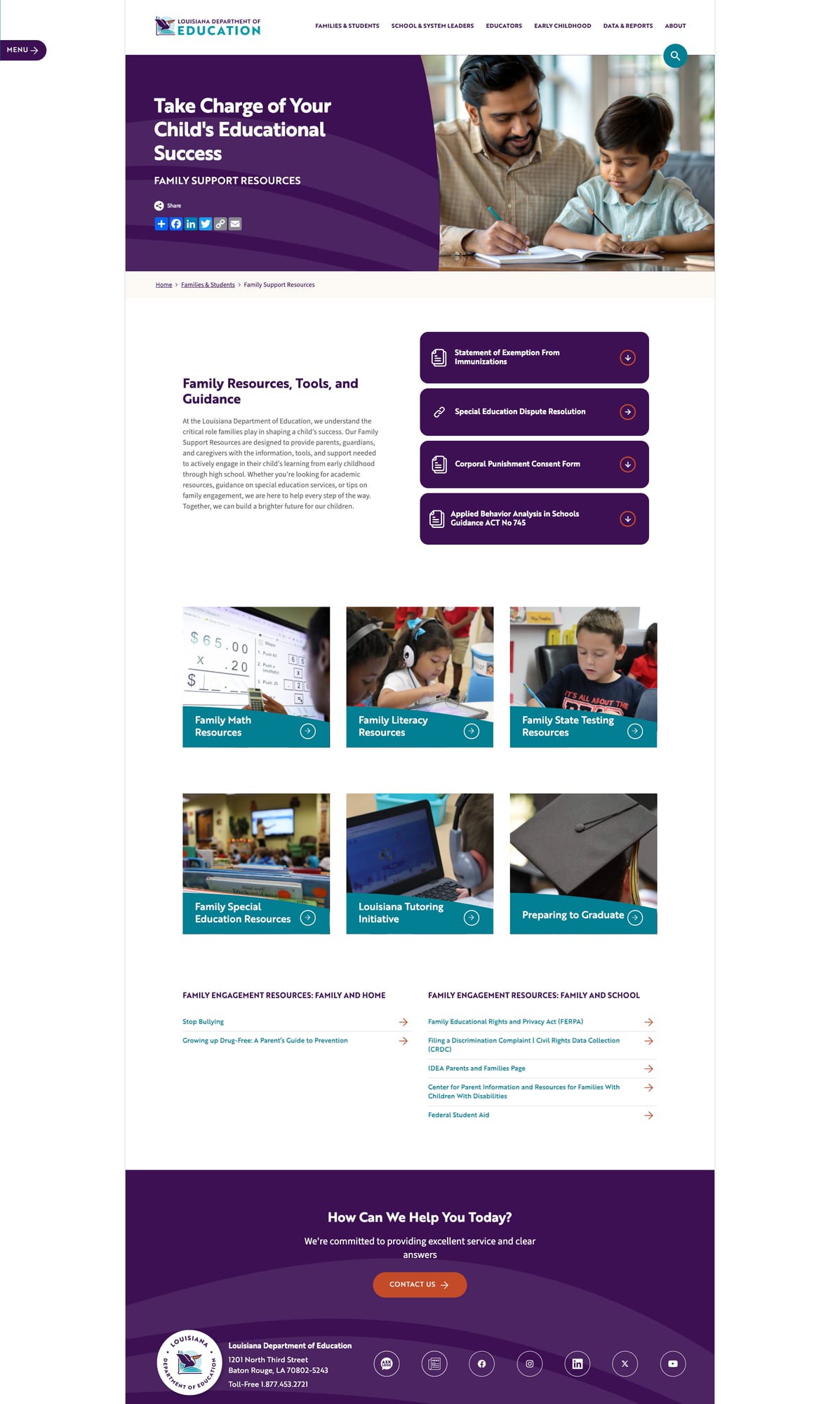 Screenshot: Family Support Resources with visual cards and engagement resources