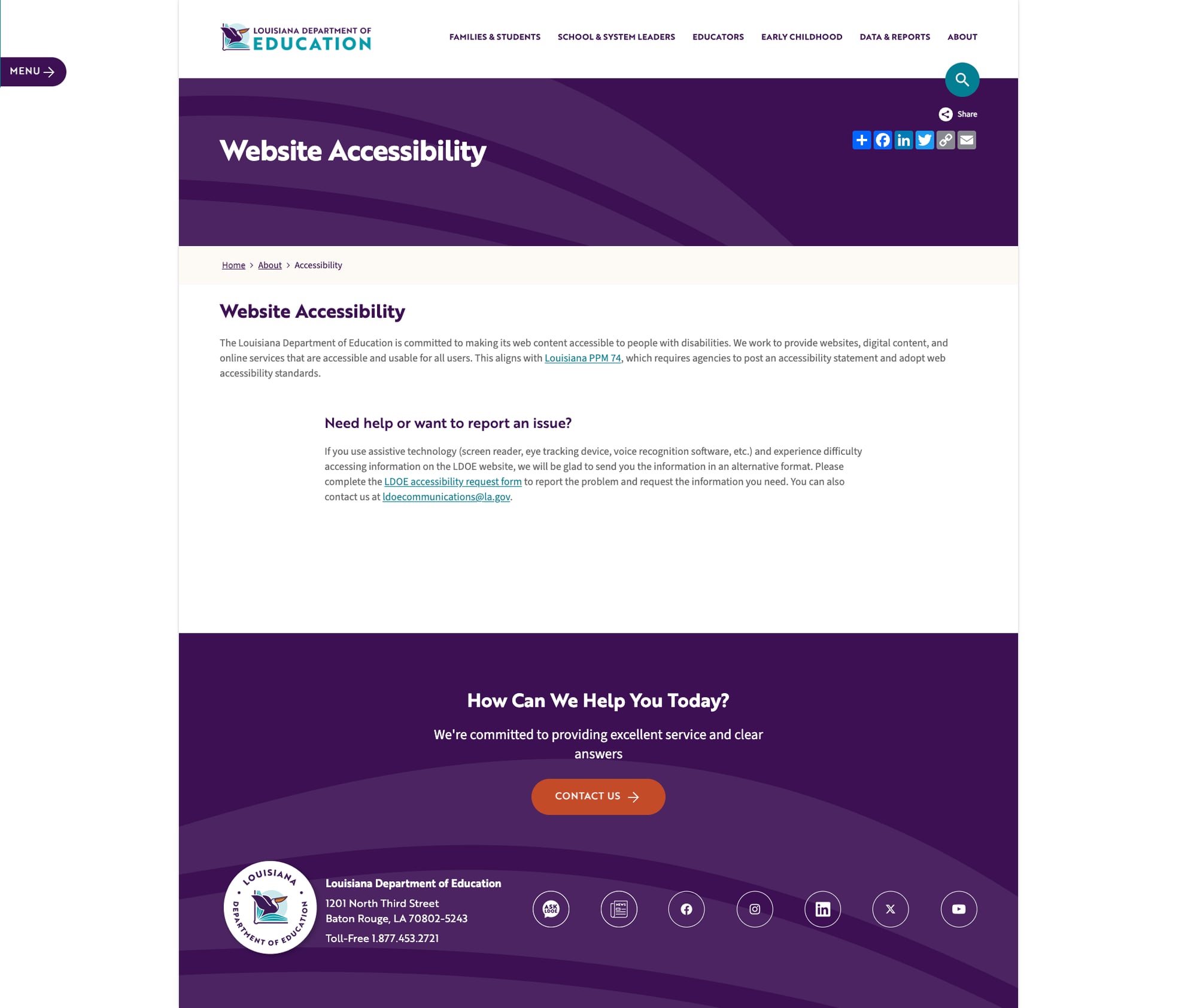 Screenshot: Accessibility page with brief statement and reporting form link