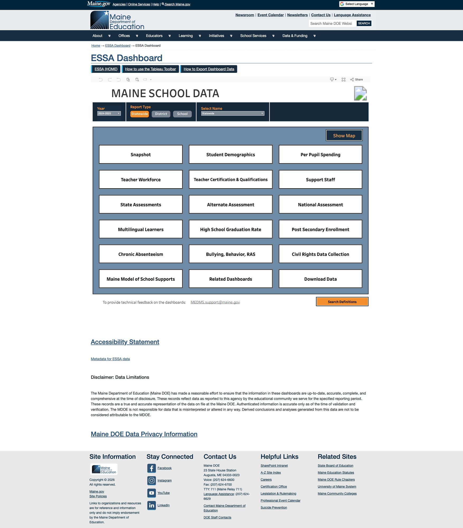 Screenshot: ESSA Dashboard with 18 interactive report tiles