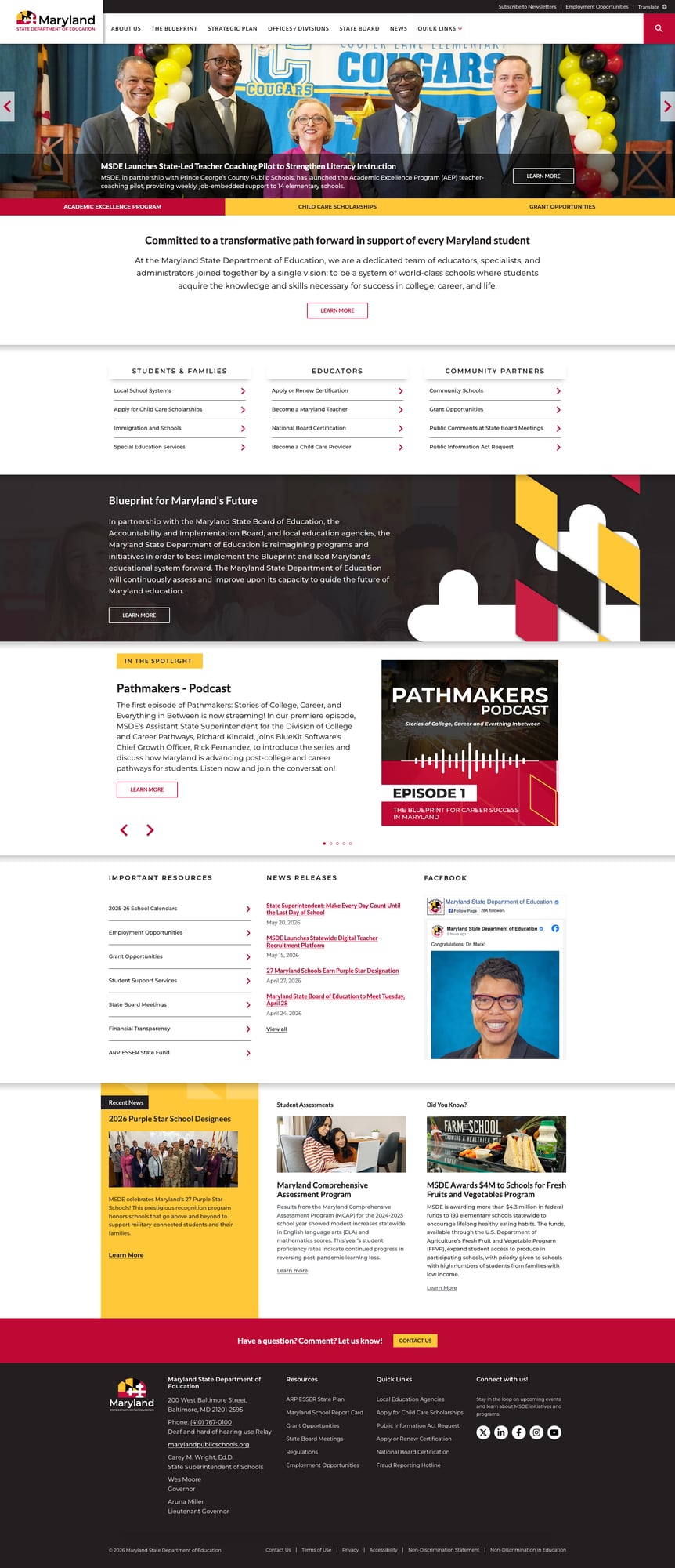 Screenshot: Maryland State Department of Education homepage