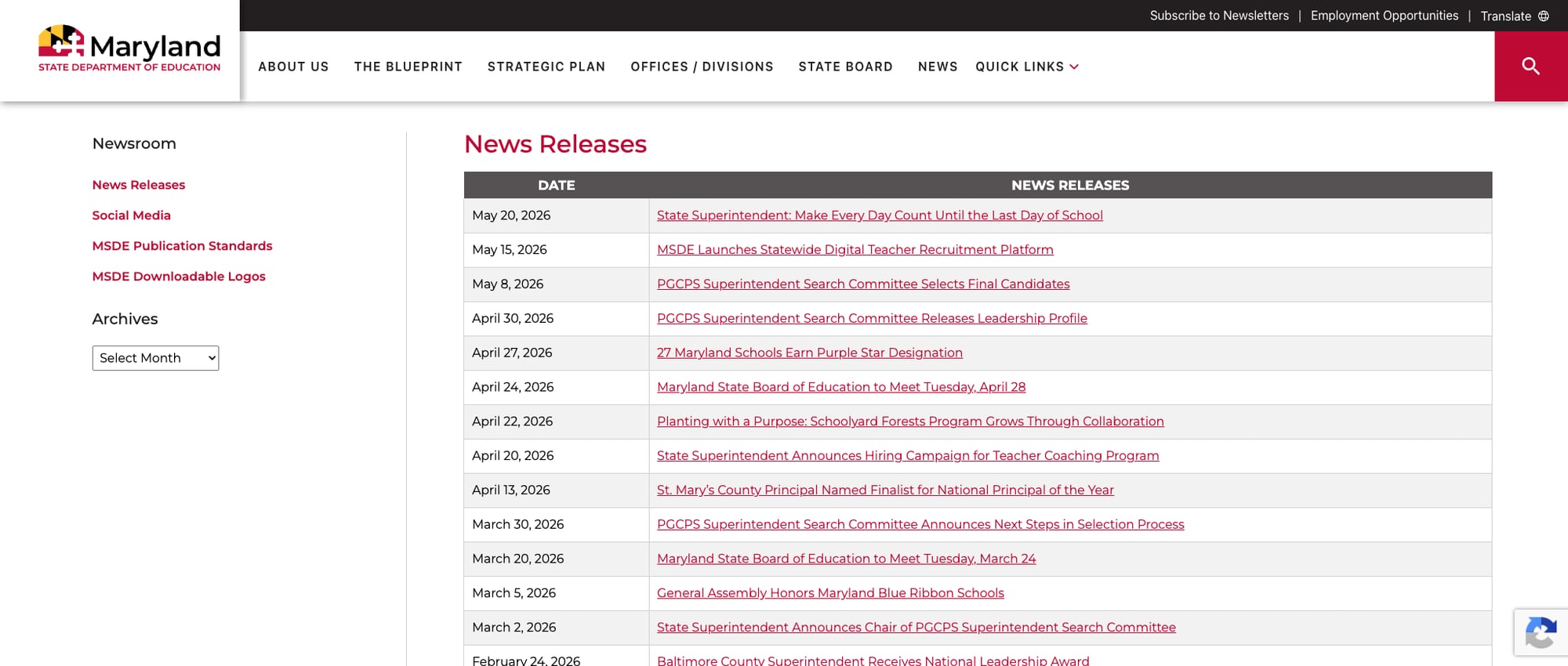 Screenshot: Maryland MSDE News Releases page