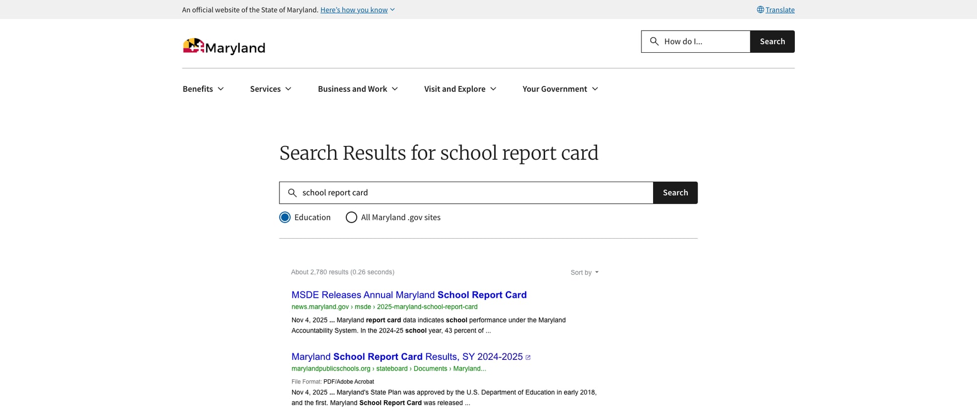 Screenshot: Search results on maryland.gov, not MSDE