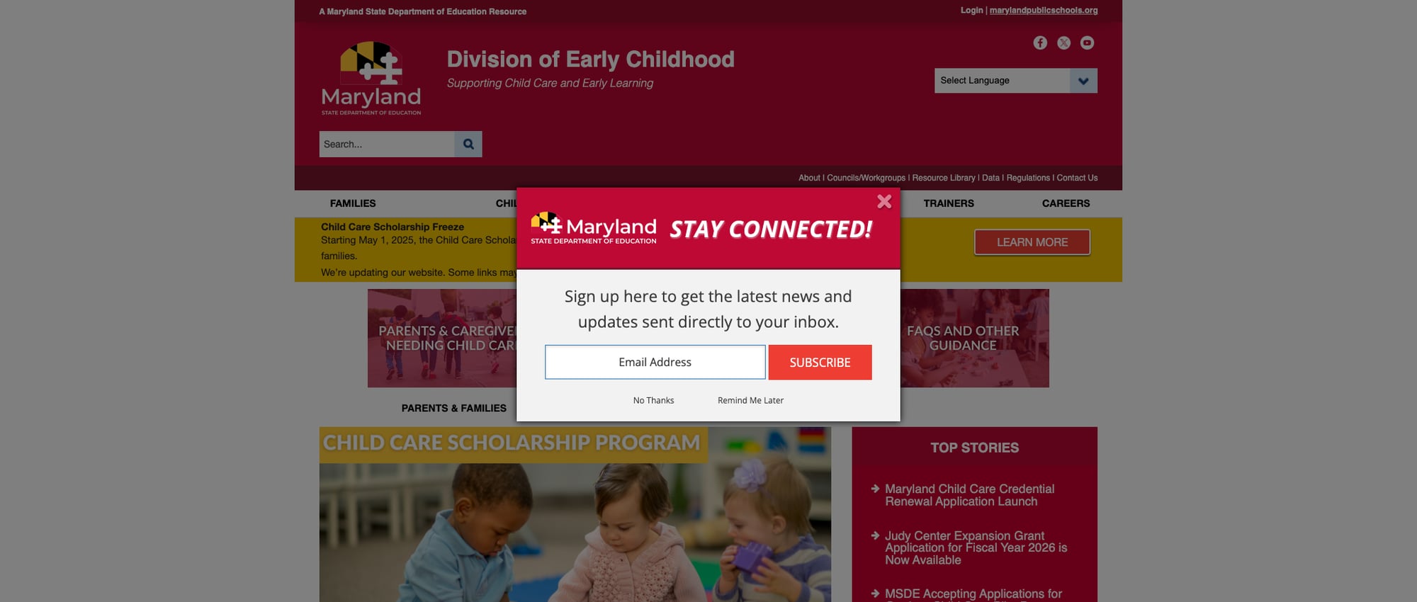 Screenshot: Early Childhood subdomain with completely different design