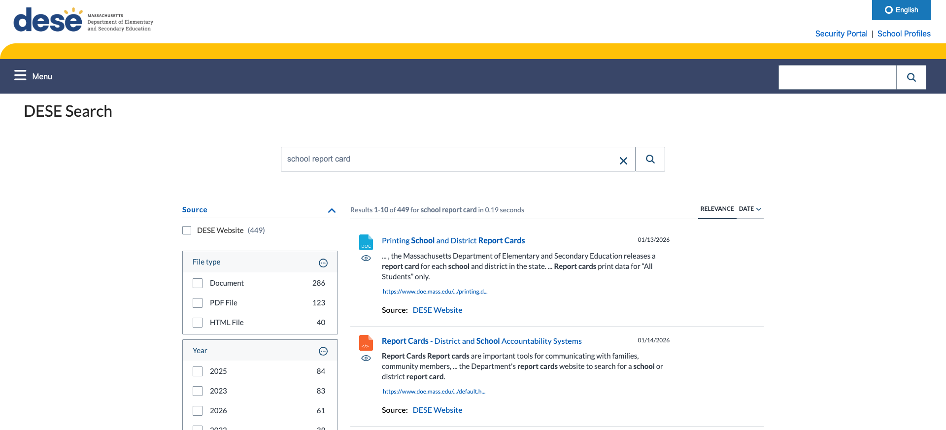 Screenshot: Coveo search with 449 results, faceted filters, and relevance ranking