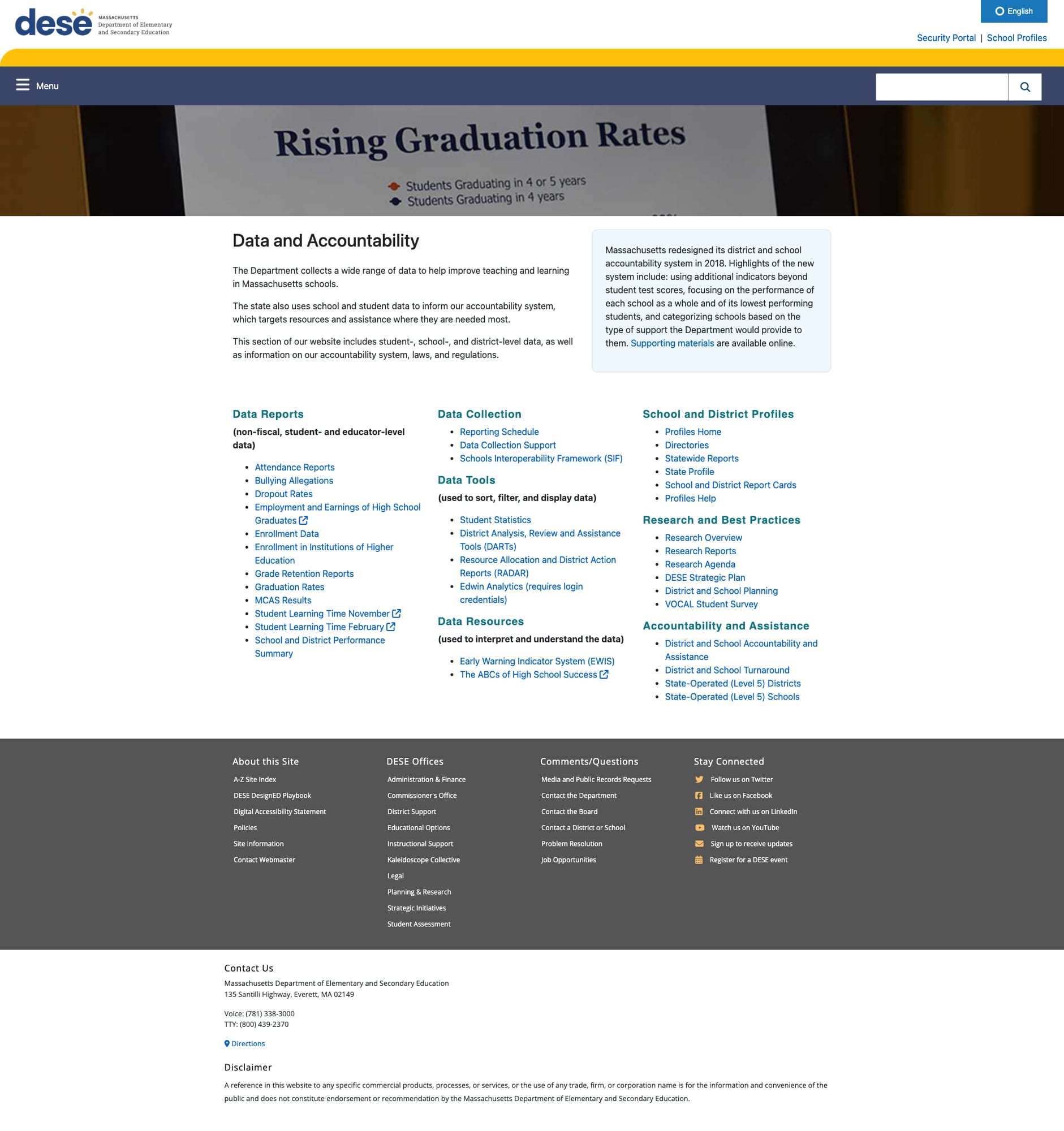 Screenshot: Data and Accountability hub with organized sections for reports, tools, and resources