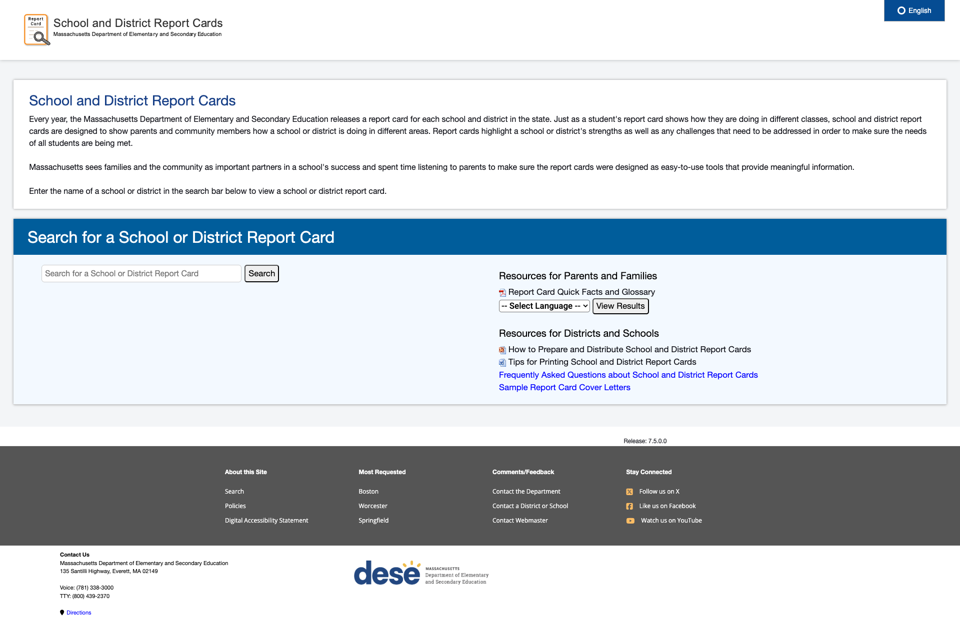 Screenshot: School and District Report Cards with search and multilingual resources