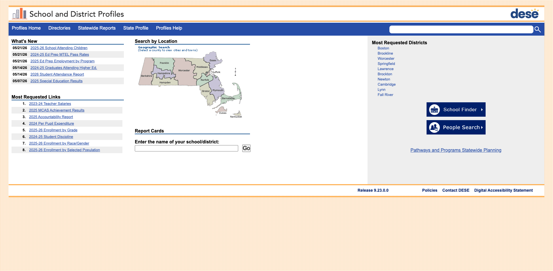 Screenshot: School and District Profiles portal with geographic search and current data