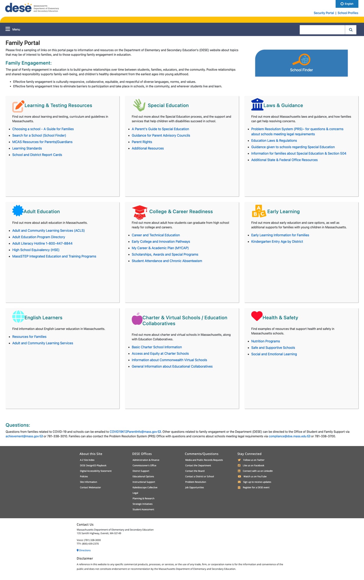 Screenshot: Family Portal with nine topic sections and School Finder integration