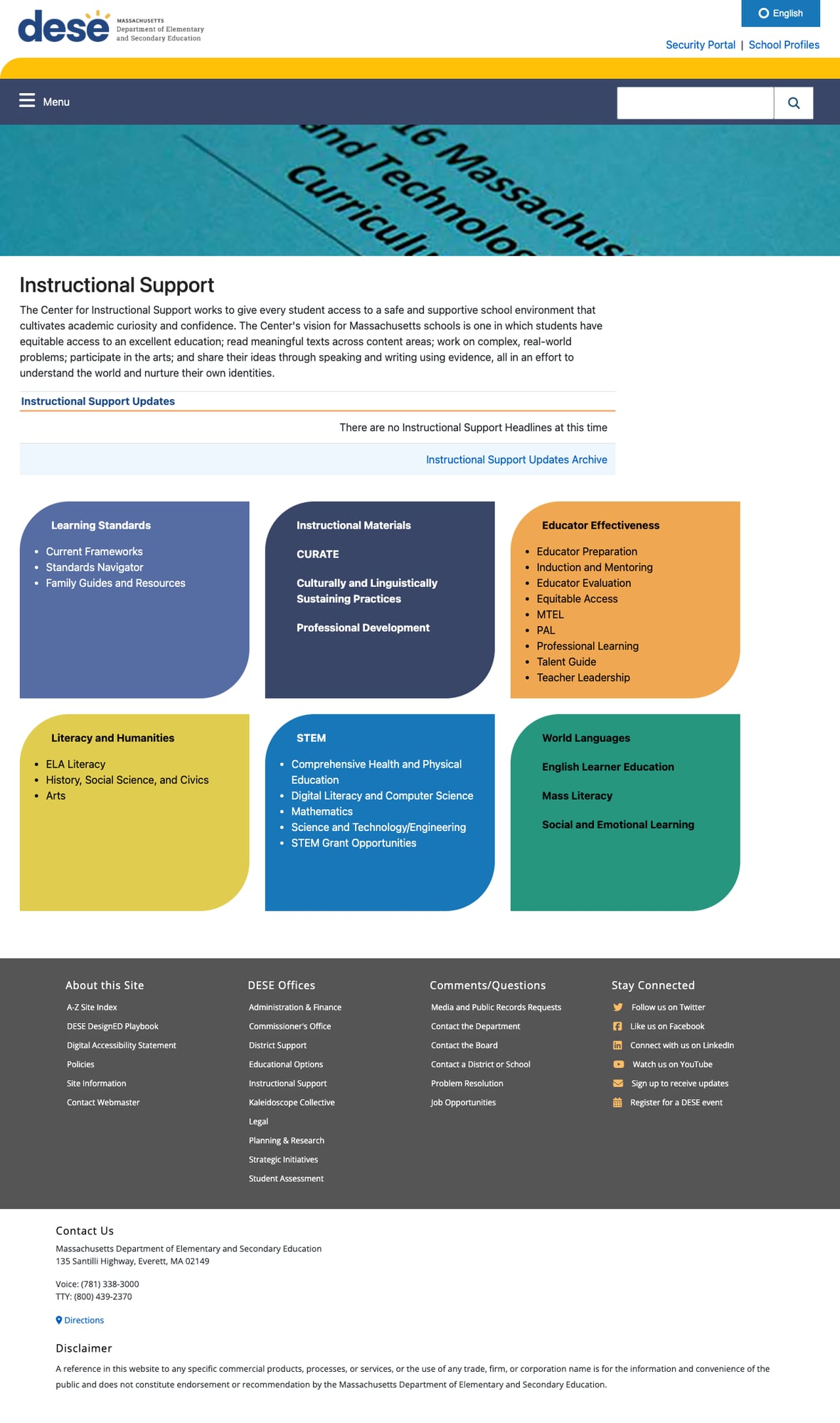 Screenshot: Instructional Support page with six organized educator resource categories