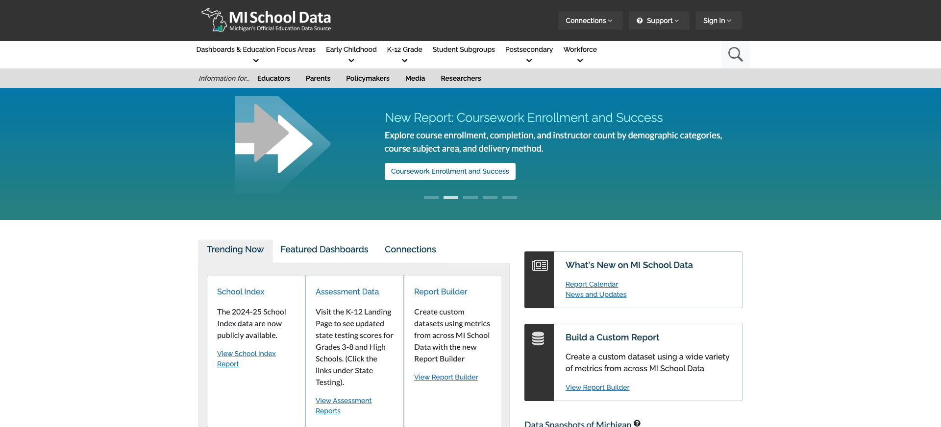 Screenshot: MiSchoolData homepage showing full-pipeline data coverage and audience navigation