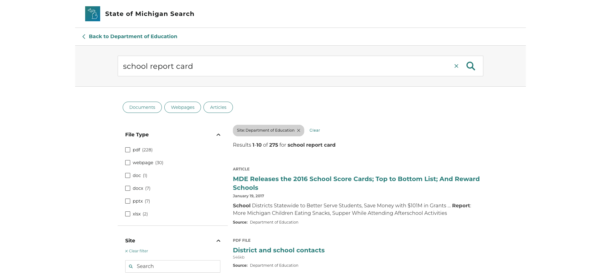 Screenshot: Enterprise search with faceted filtering and 275 results