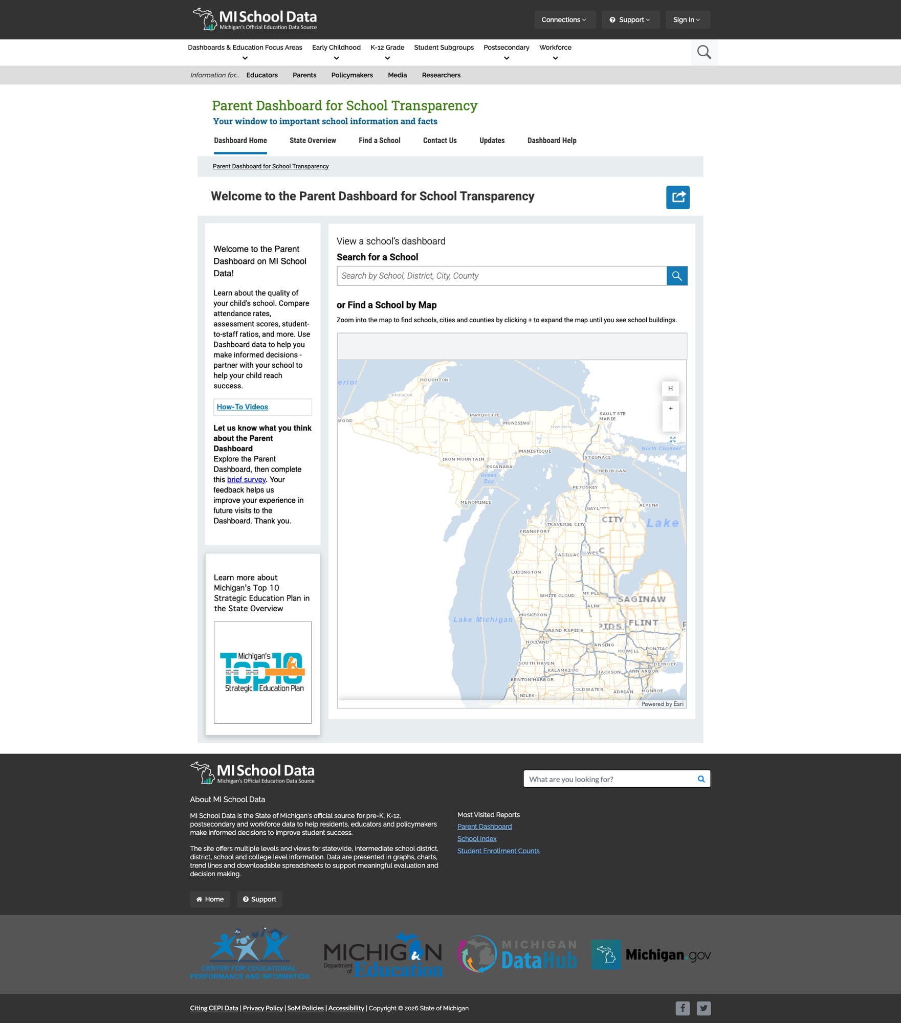 Screenshot: MiSchoolData Parent Dashboard with school search and interactive map