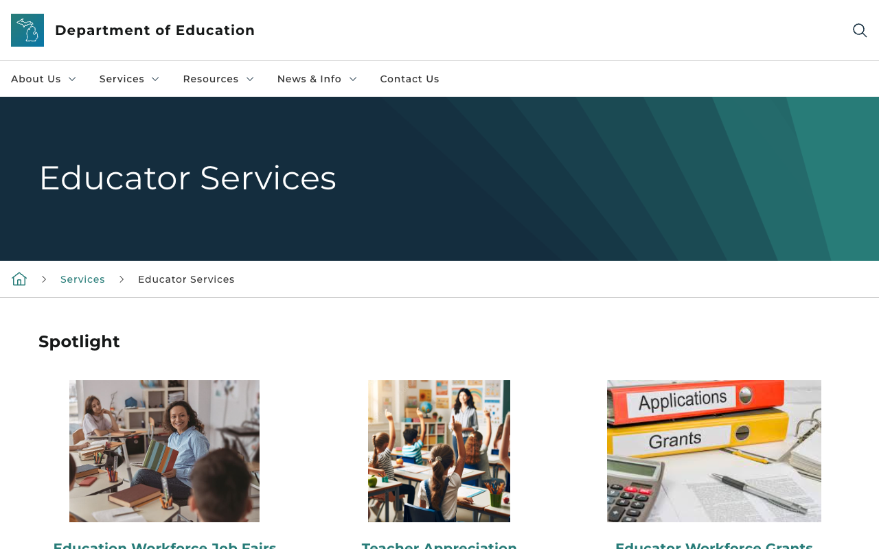 Screenshot: Educator Services page with Spotlight section and breadcrumb navigation