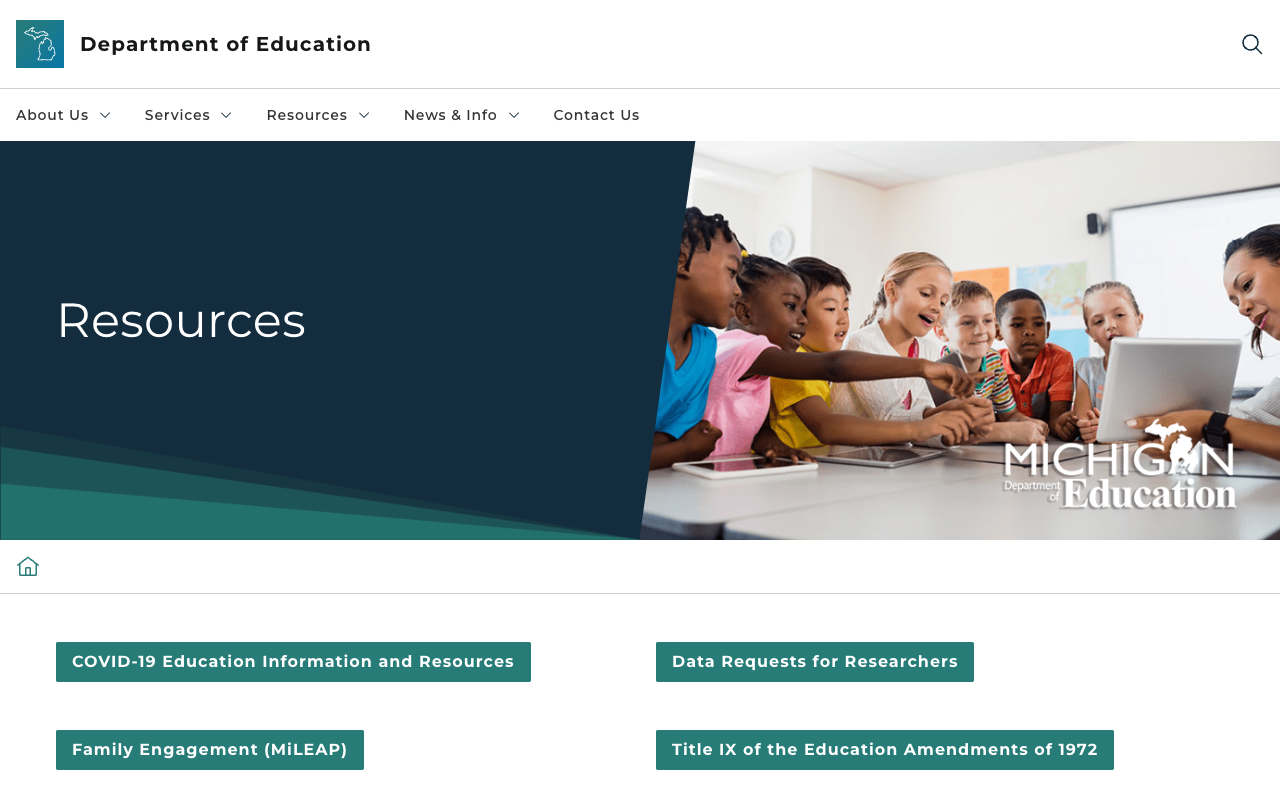 Screenshot: Resources landing page with only 6 sparse items including outdated COVID link