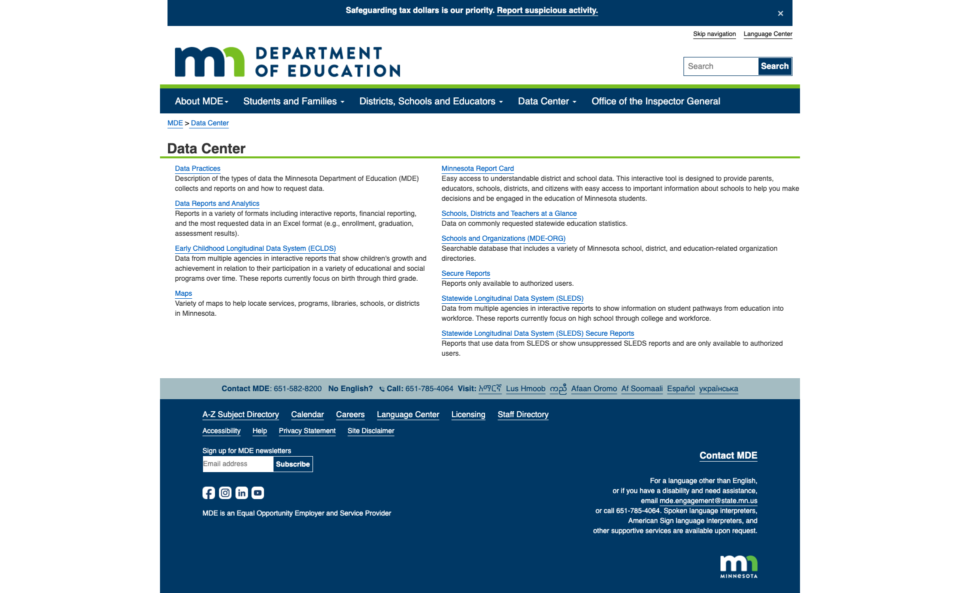 Data Center landing page showing 10 data tools and portals