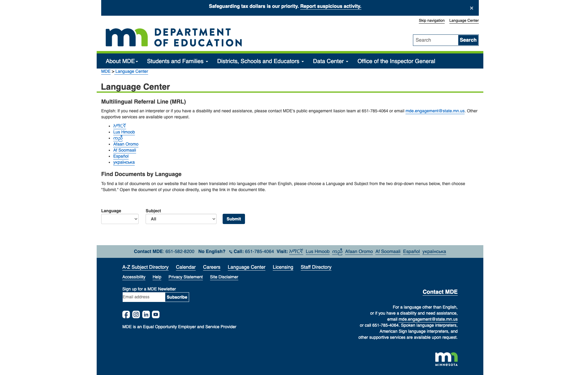 Language Center with dedicated pages in 7 languages and a 27-language document finder