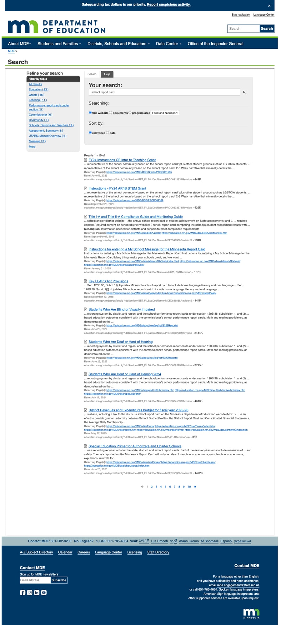 Search results showing topic filtering, scoping, and paginated results