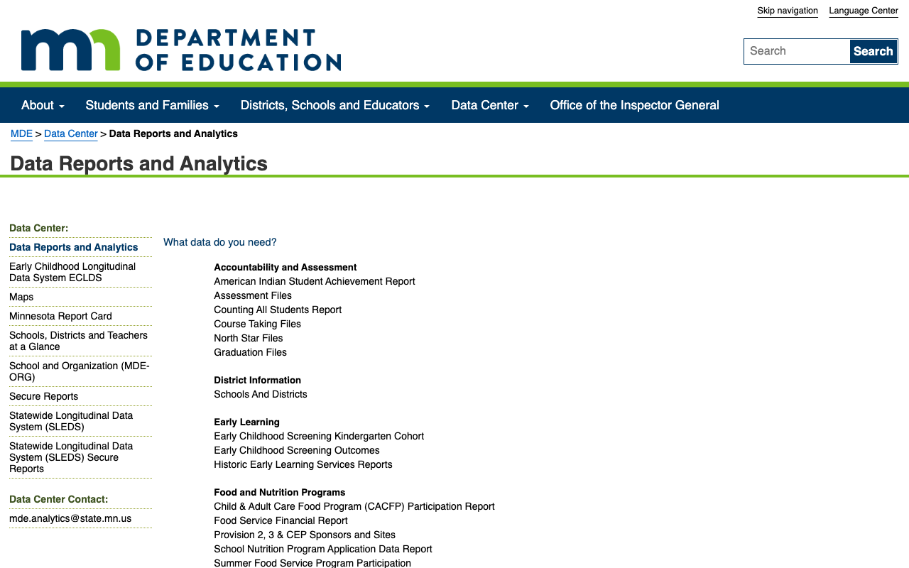 Data Reports and Analytics portal showing table-based layout in iframe