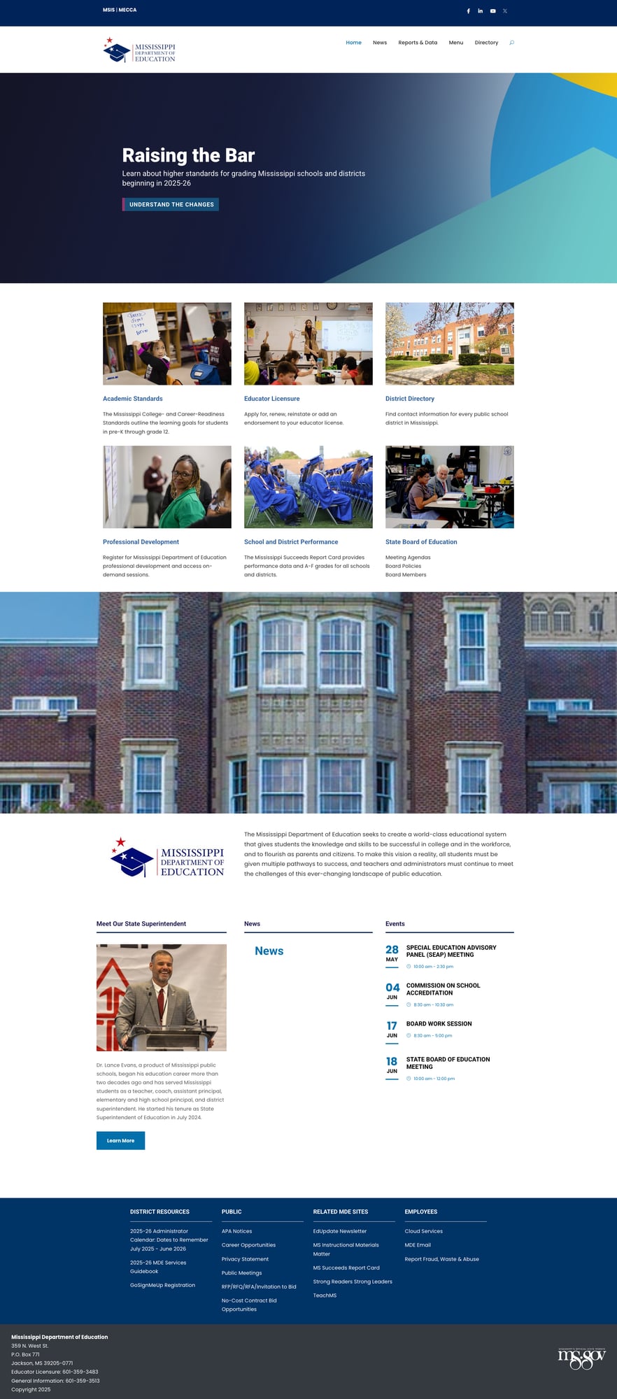 Screenshot: Mississippi DOE homepage showing professional branding and organized quick-access cards