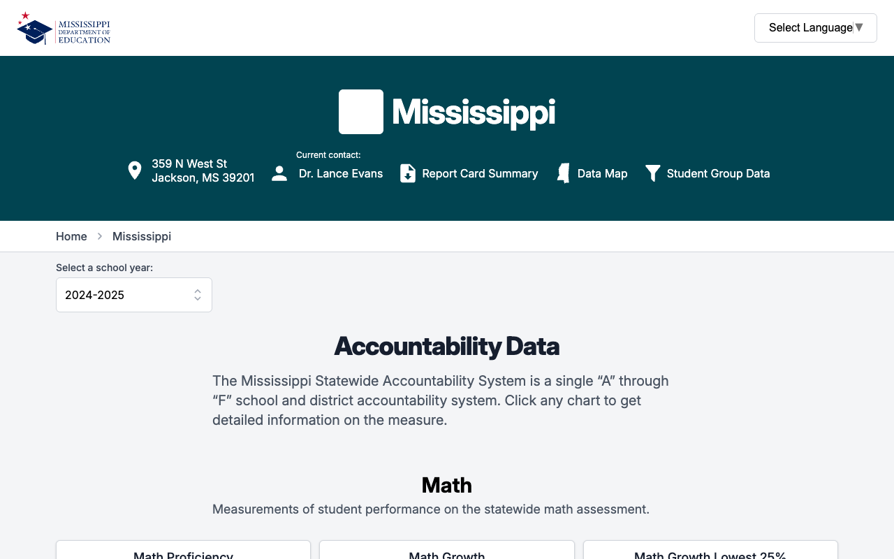 Screenshot: MSRC state-level data page showing accountability data with year selector and breadcrumb navigation