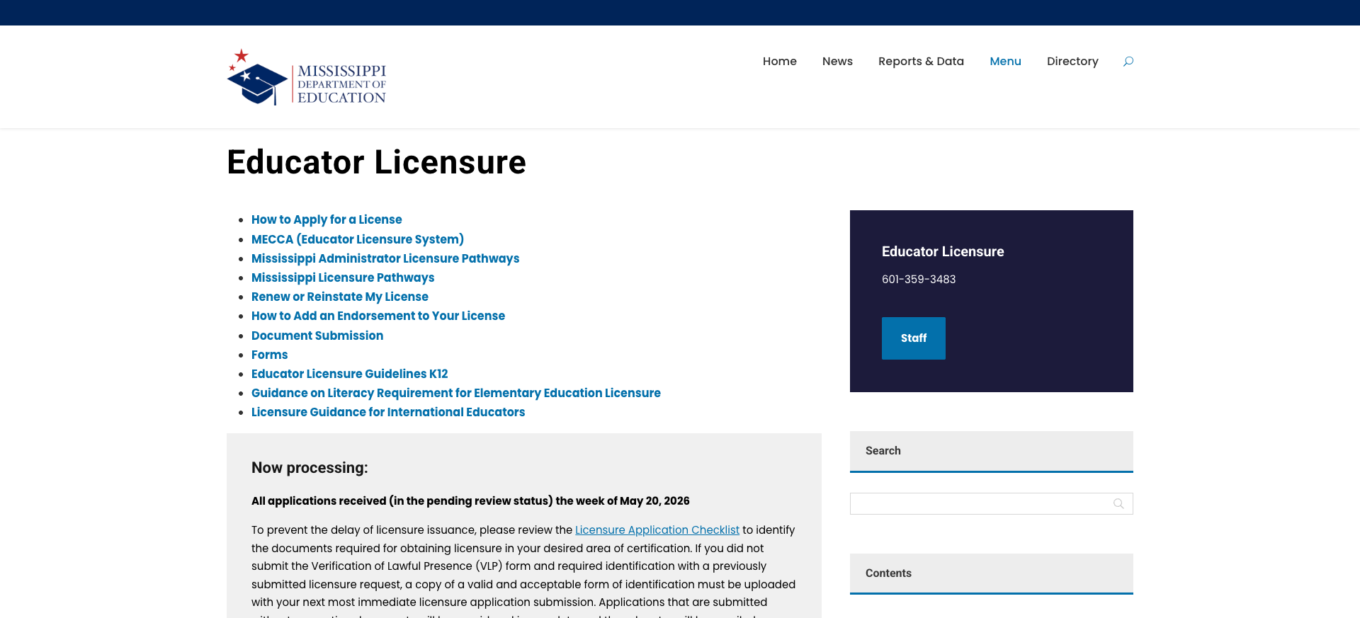 Screenshot: Educator Licensure page with clear action items and live processing status