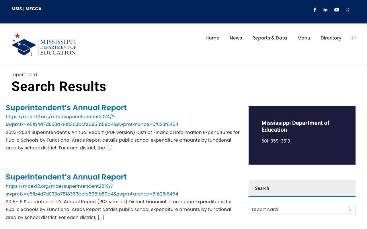 Screenshot: Search results for "report card" showing poor relevance — Superintendent reports dominate instead of the actual Report Card tool