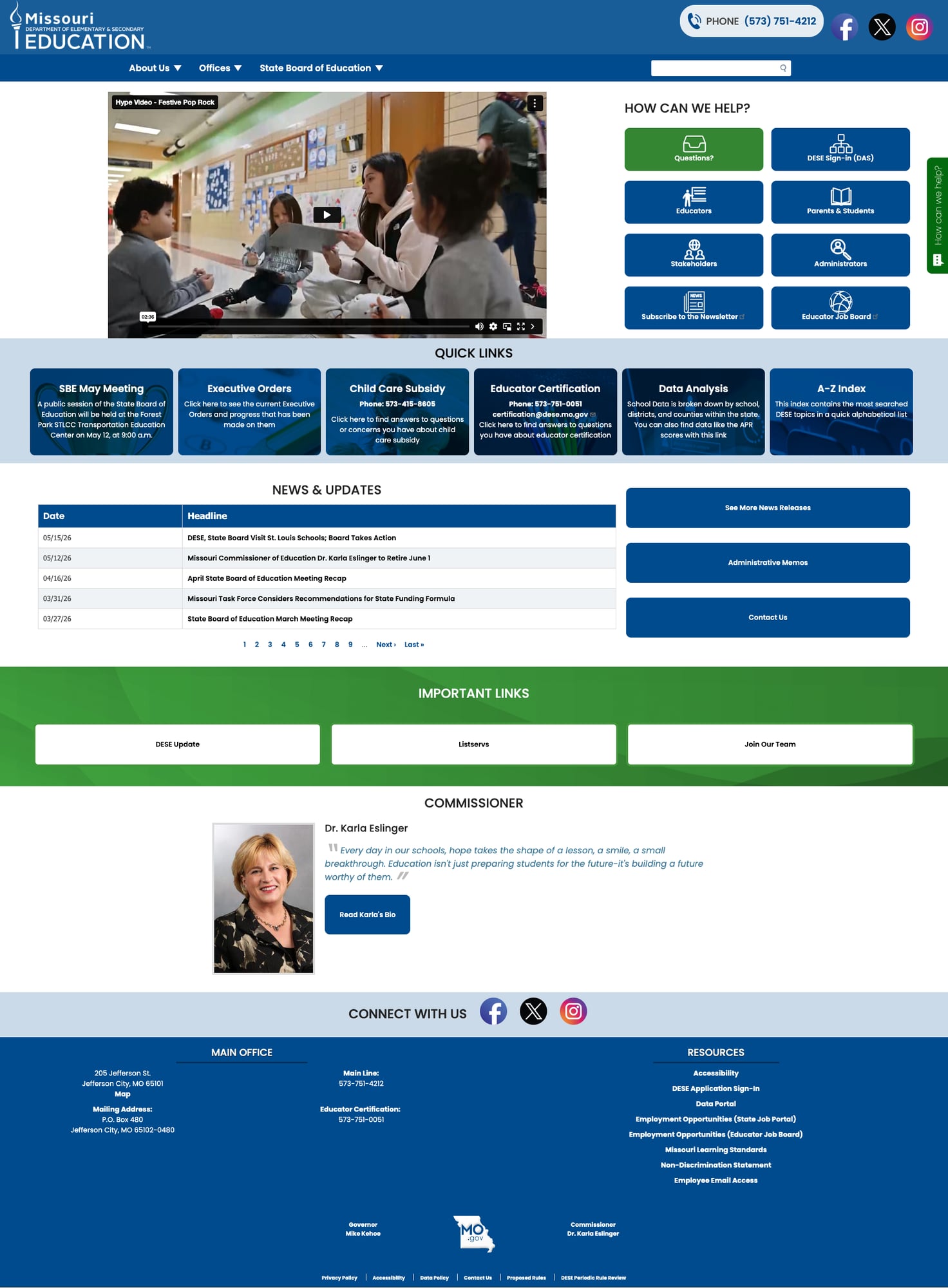 Missouri DESE homepage with audience-organized tiles and quick links cards