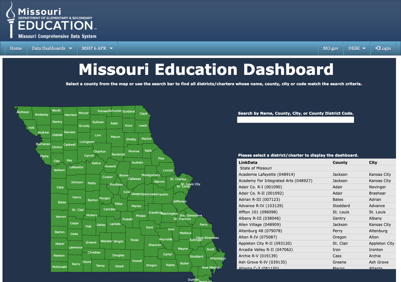 Missouri Education Dashboard with interactive county map and district search