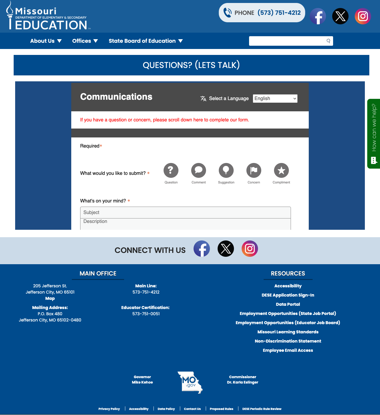 Questions Lets Talk page with structured feedback form and language selector